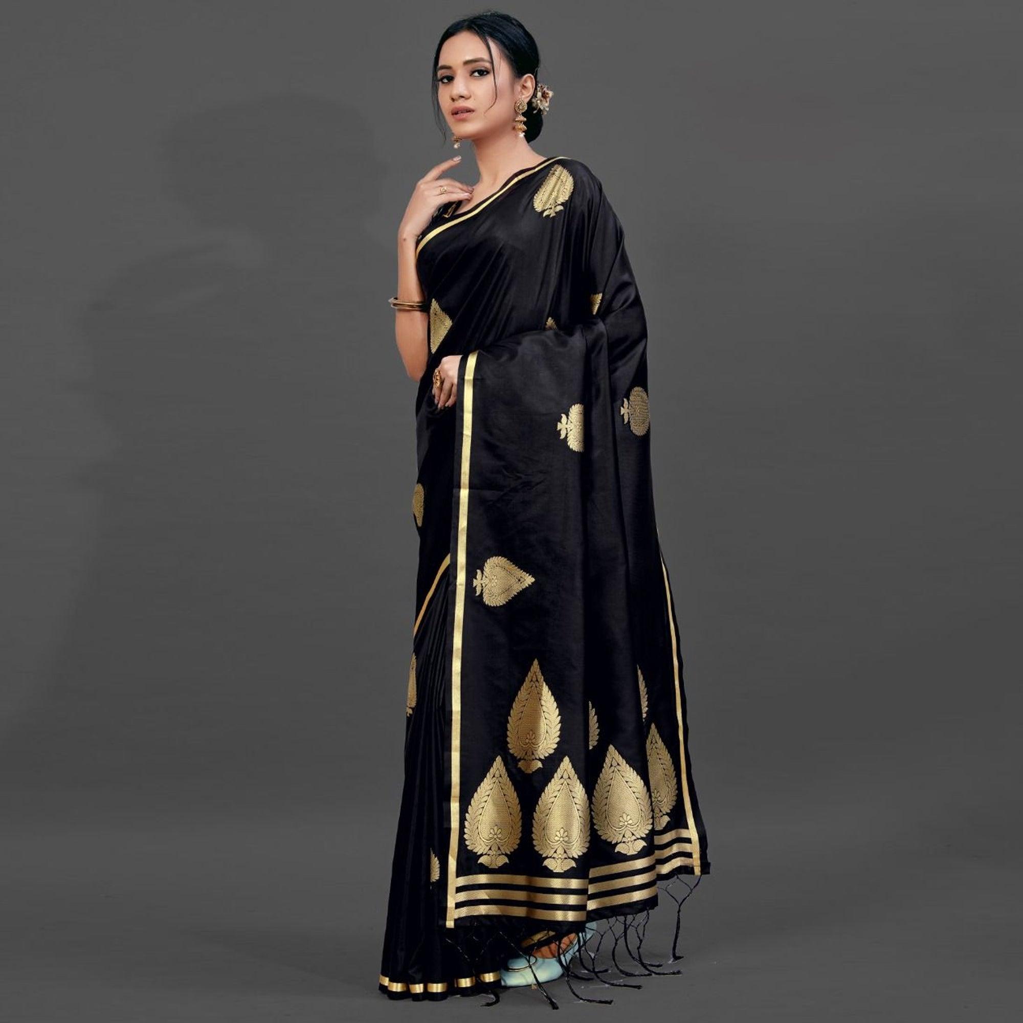 Black Festive Silk Blend Woven Saree With Unstitched Blouse - Peachmode