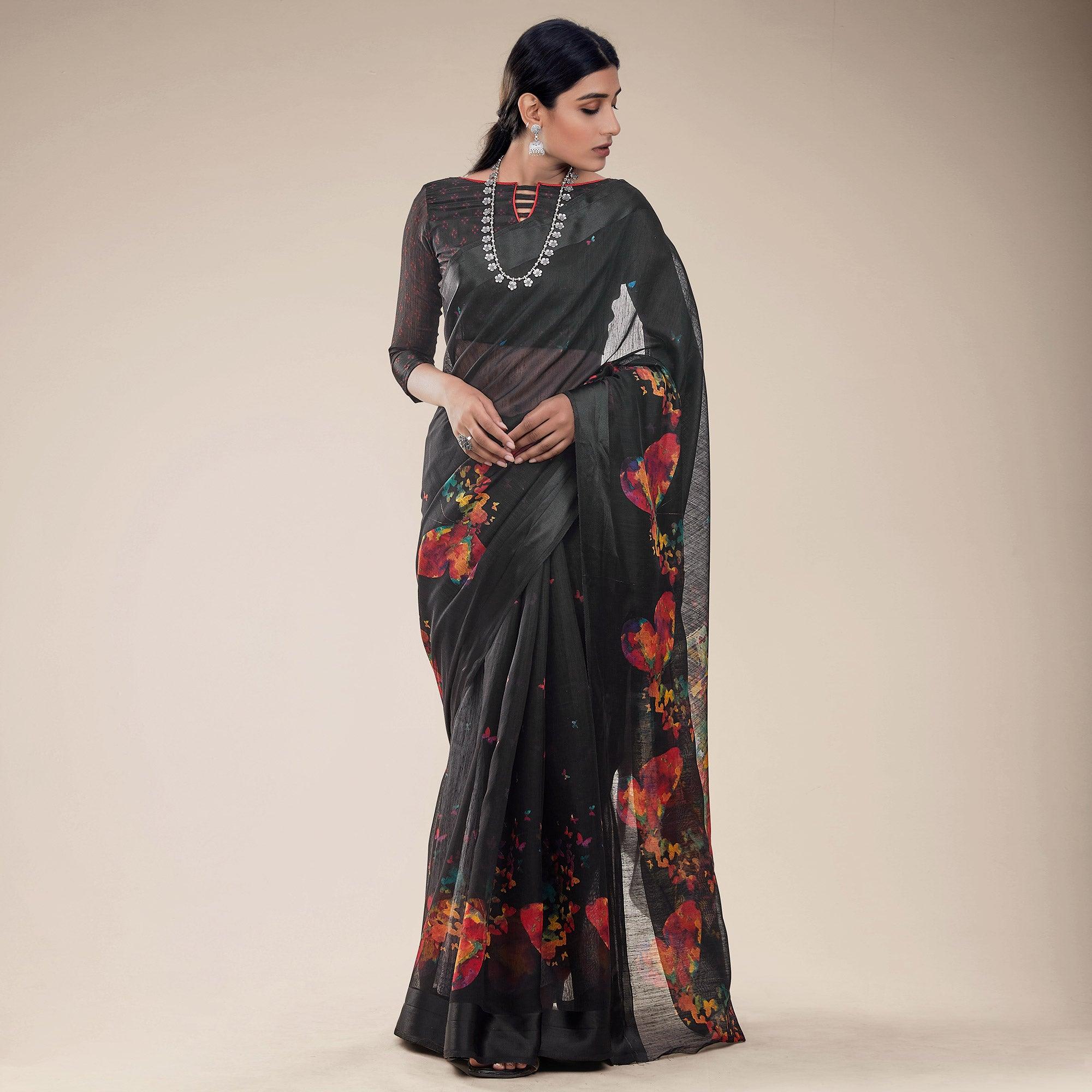 Black Festive Wear Abstract Floral Printed Designer Handloom Cotton Saree - Peachmode