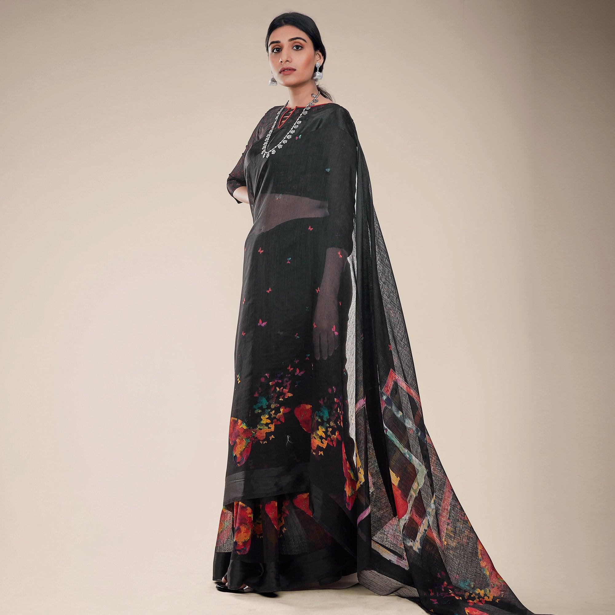 Black Festive Wear Abstract Floral Printed Designer Handloom Cotton Saree - Peachmode