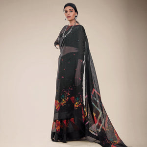 Black Festive Wear Abstract Floral Printed Designer Handloom Cotton Saree - Peachmode