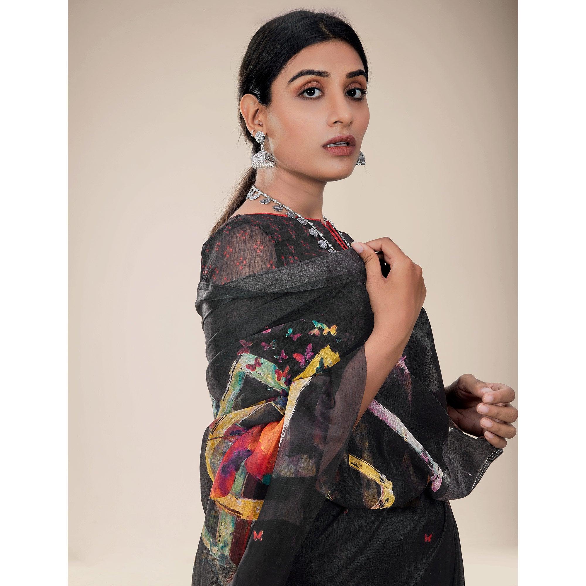 Black Festive Wear Abstract Floral Printed Designer Handloom Cotton Saree - Peachmode