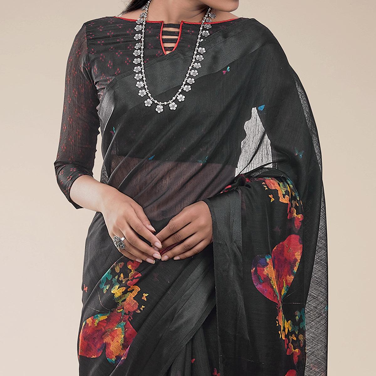 Black Festive Wear Abstract Floral Printed Designer Handloom Cotton Saree - Peachmode