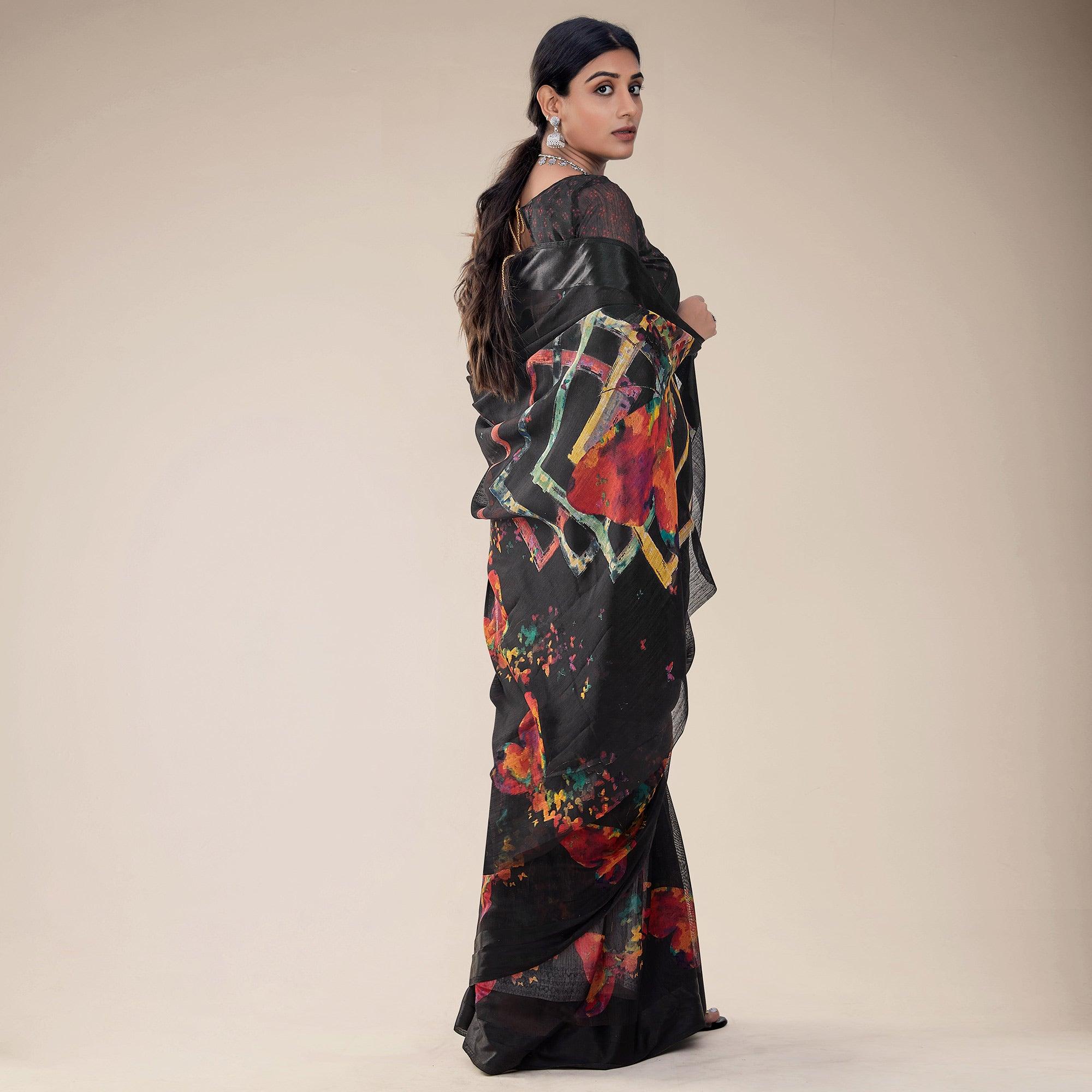 Black Festive Wear Abstract Floral Printed Designer Handloom Cotton Saree - Peachmode