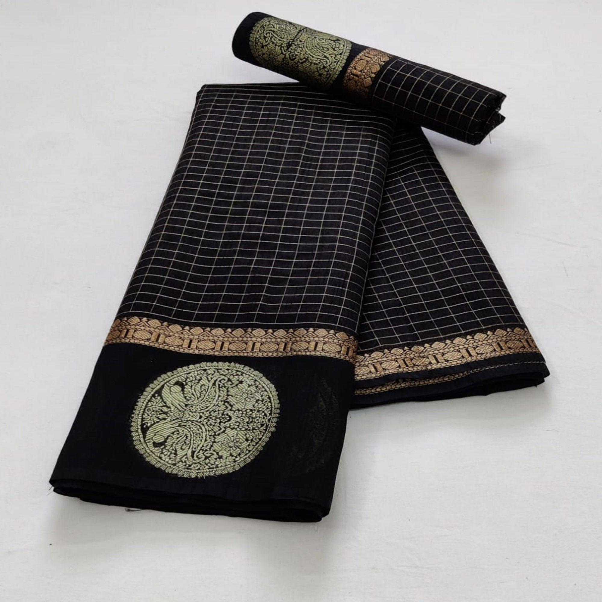 Black Festive Wear Checks Pattern Woven Silk Saree - Peachmode