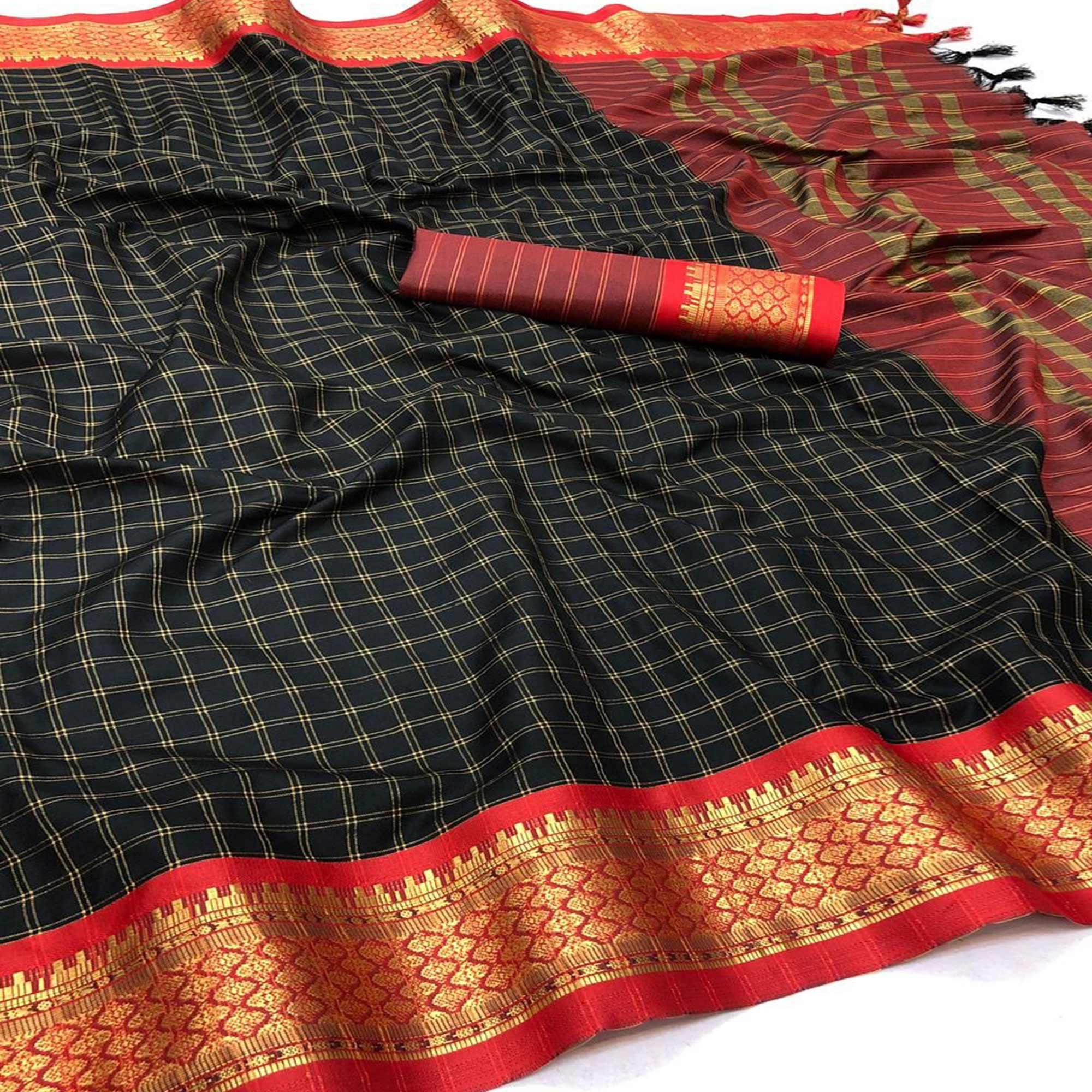 Black Festive Wear Checks With Woven Border Cotton Silk Saree - Peachmode