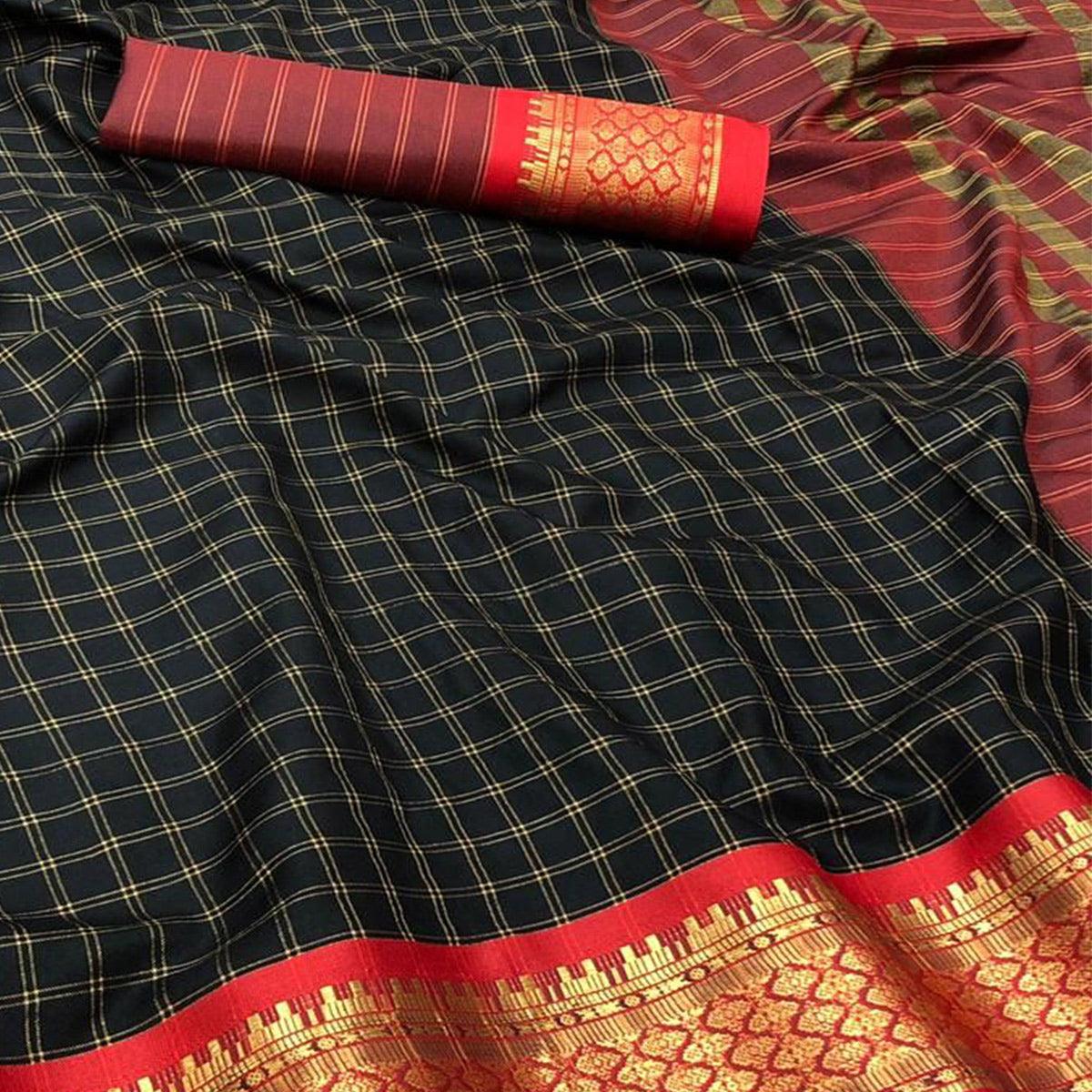Black Festive Wear Checks With Woven Border Cotton Silk Saree - Peachmode