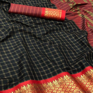 Black Festive Wear Checks With Woven Border Cotton Silk Saree - Peachmode