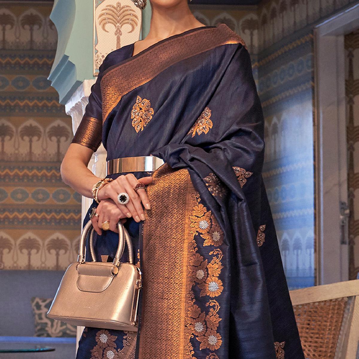 Black Festive Wear Copper Zari Weaving Tussar Silk Saree With Tassels - Peachmode