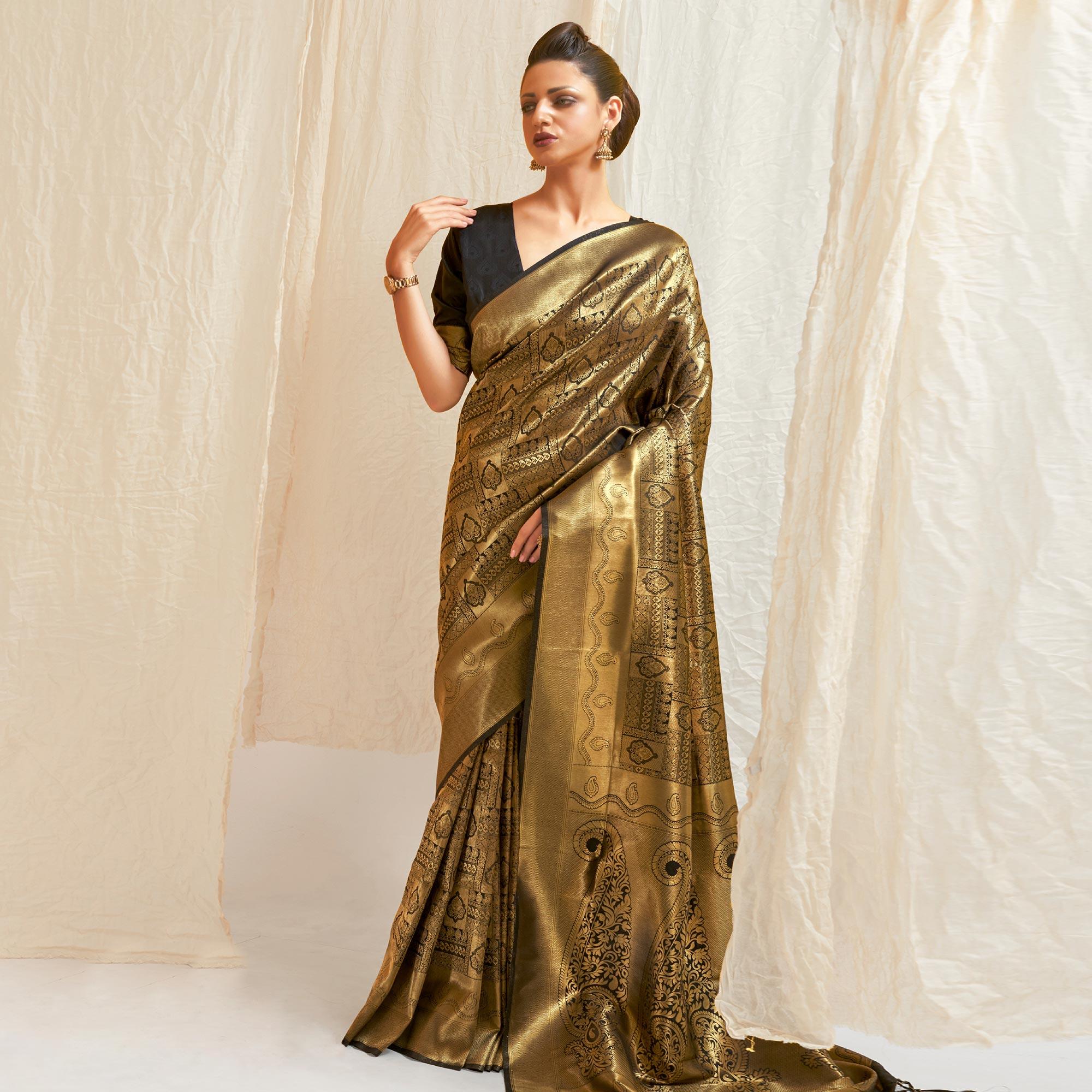 Black Festive Wear Designer Woven Silk Saree - Peachmode