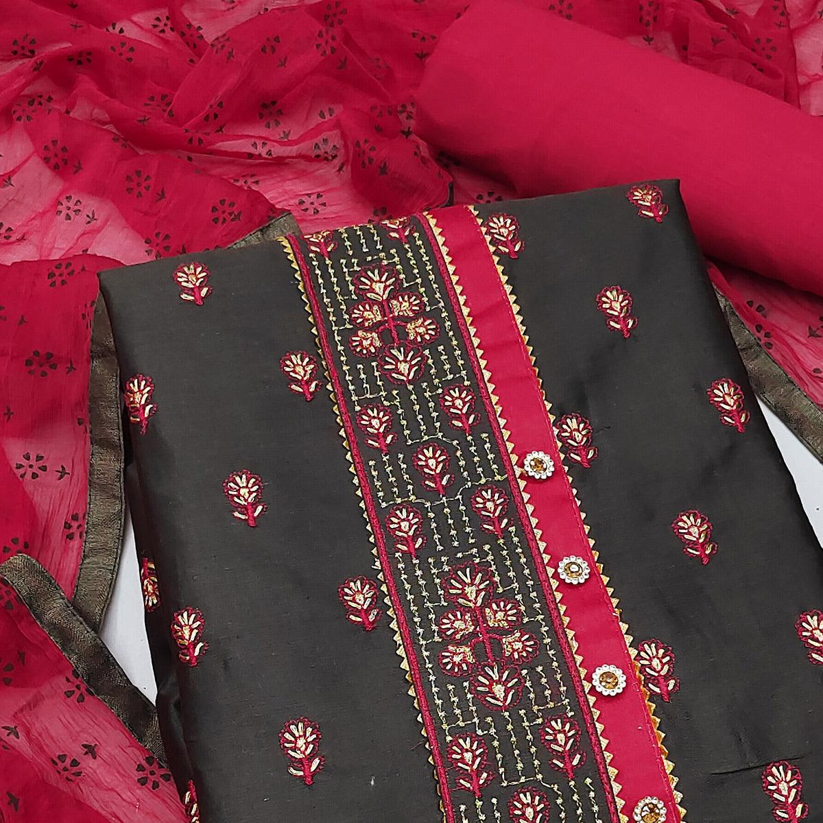 Black Festive Wear Embroidered & Embellished Cotton Dress Material - Peachmode