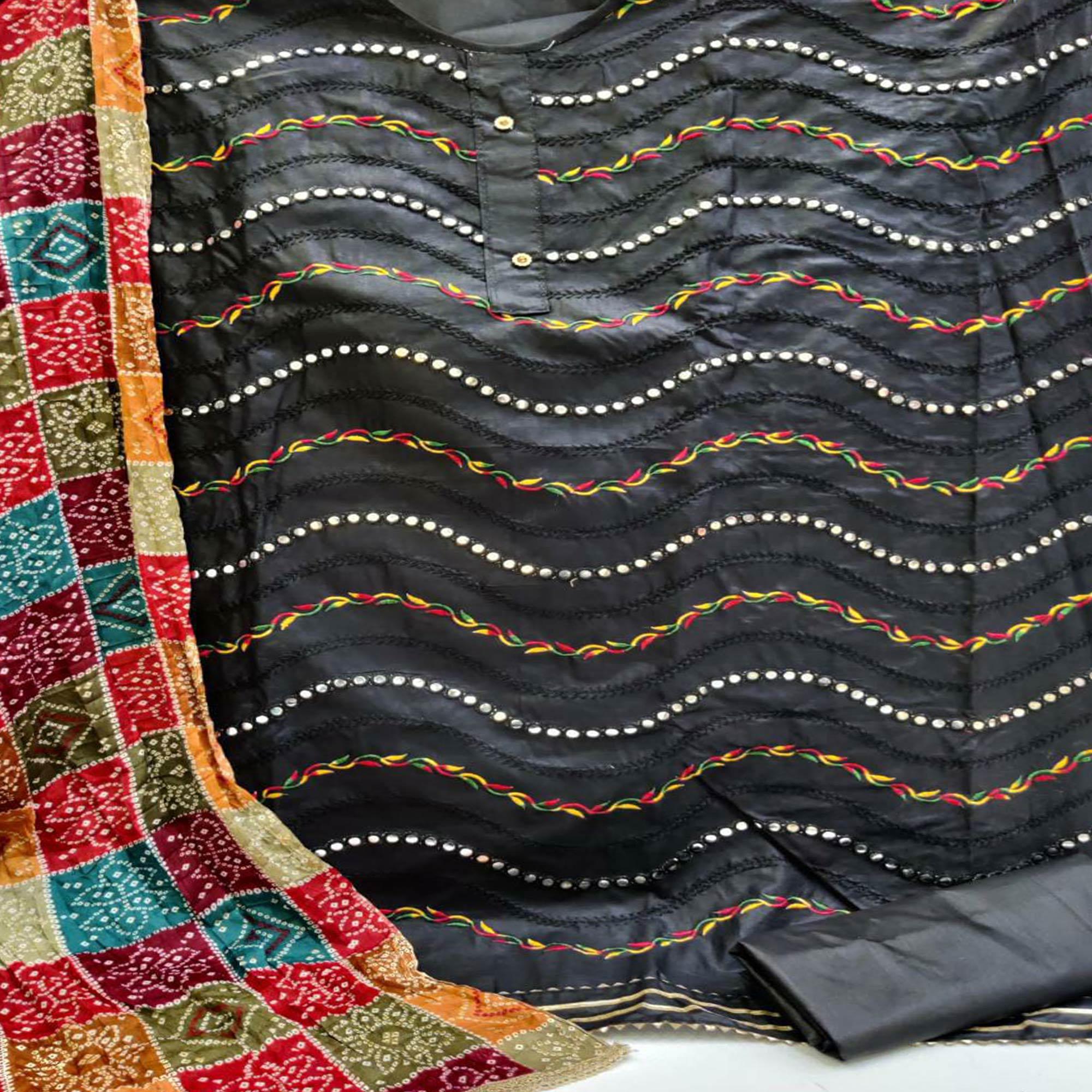 Black Festive Wear Embroidered & Embellished Cotton Dress Material - Peachmode