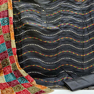 Black Festive Wear Embroidered & Embellished Cotton Dress Material - Peachmode