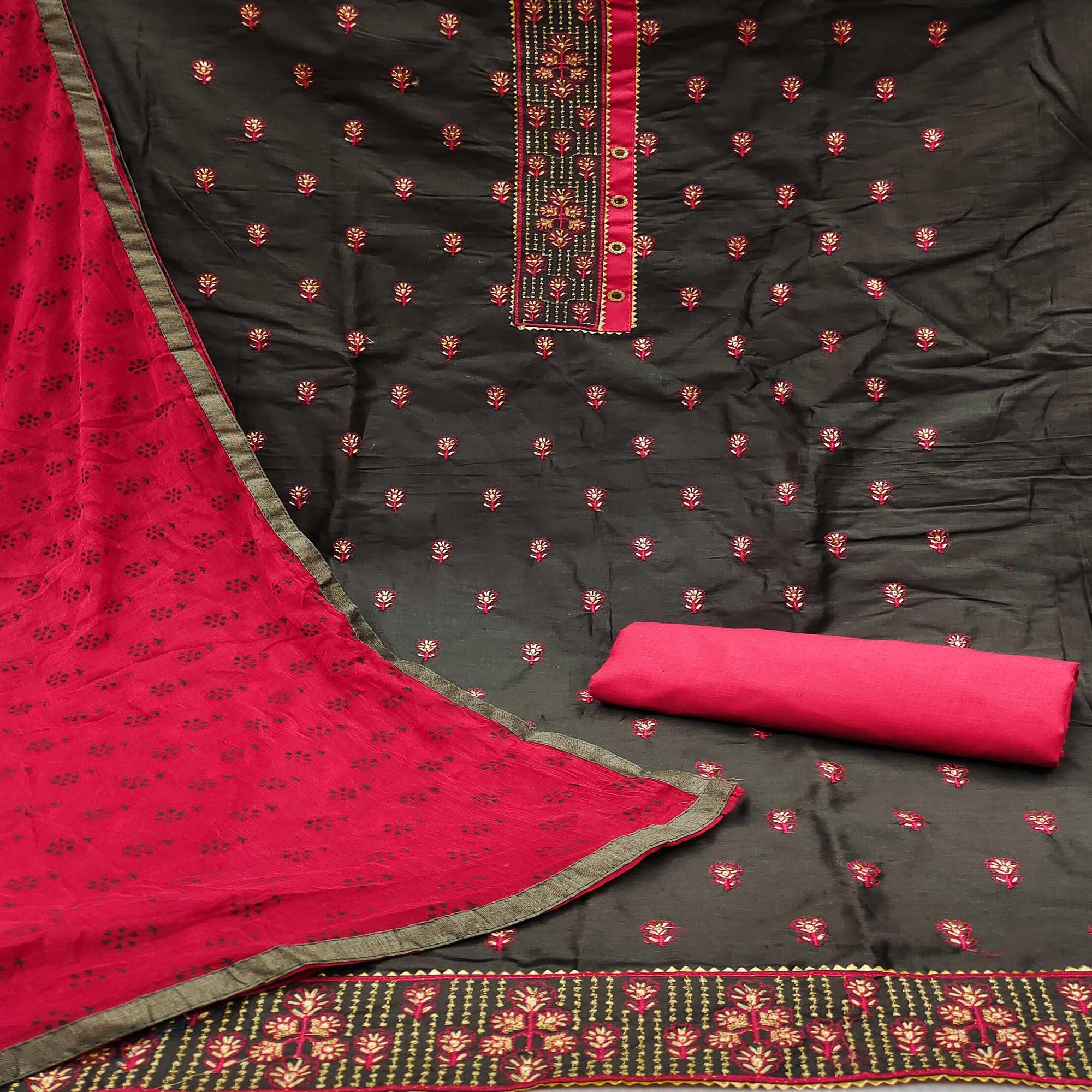 Black Festive Wear Embroidered & Embellished Cotton Dress Material - Peachmode