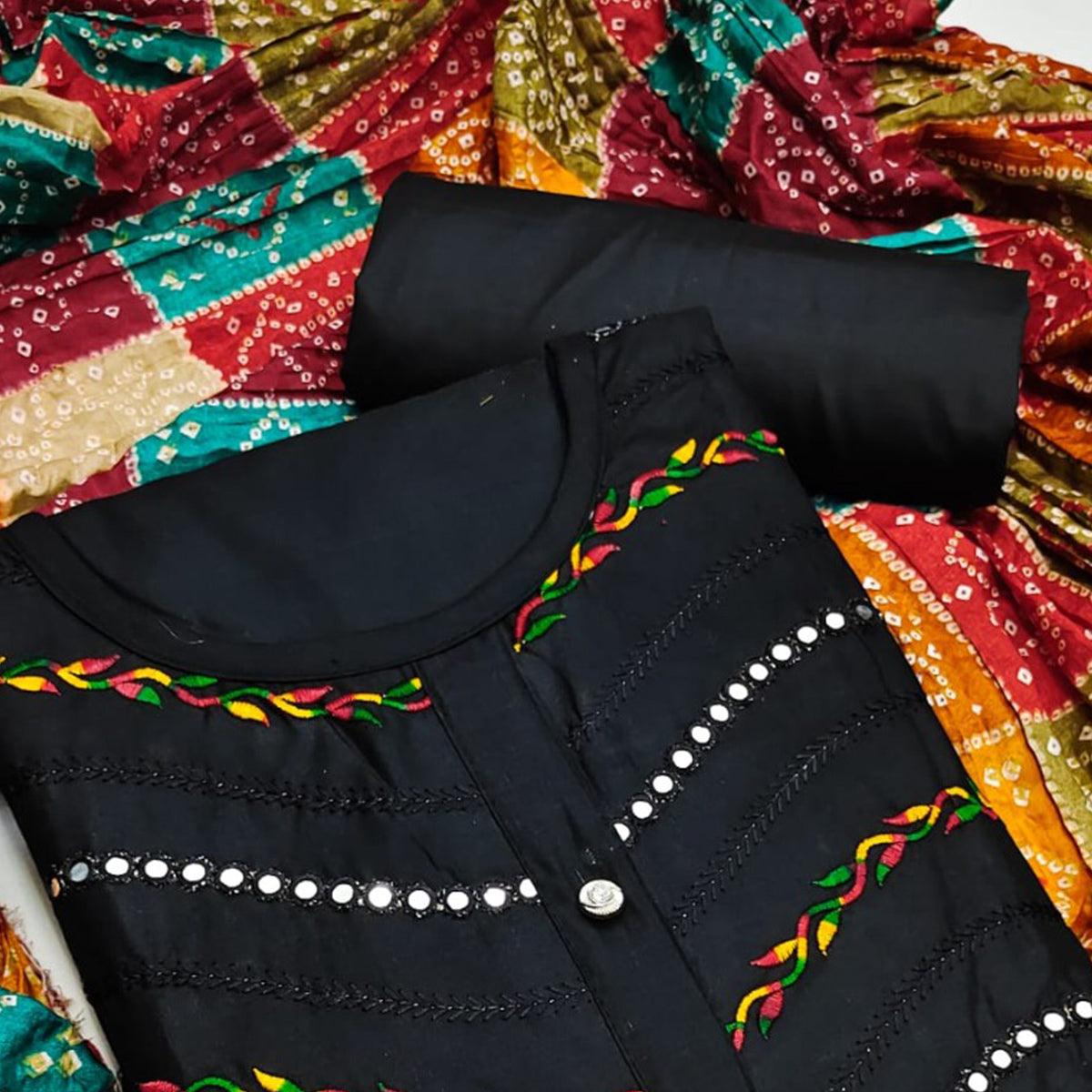 Black Festive Wear Embroidered & Embellished Cotton Dress Material - Peachmode