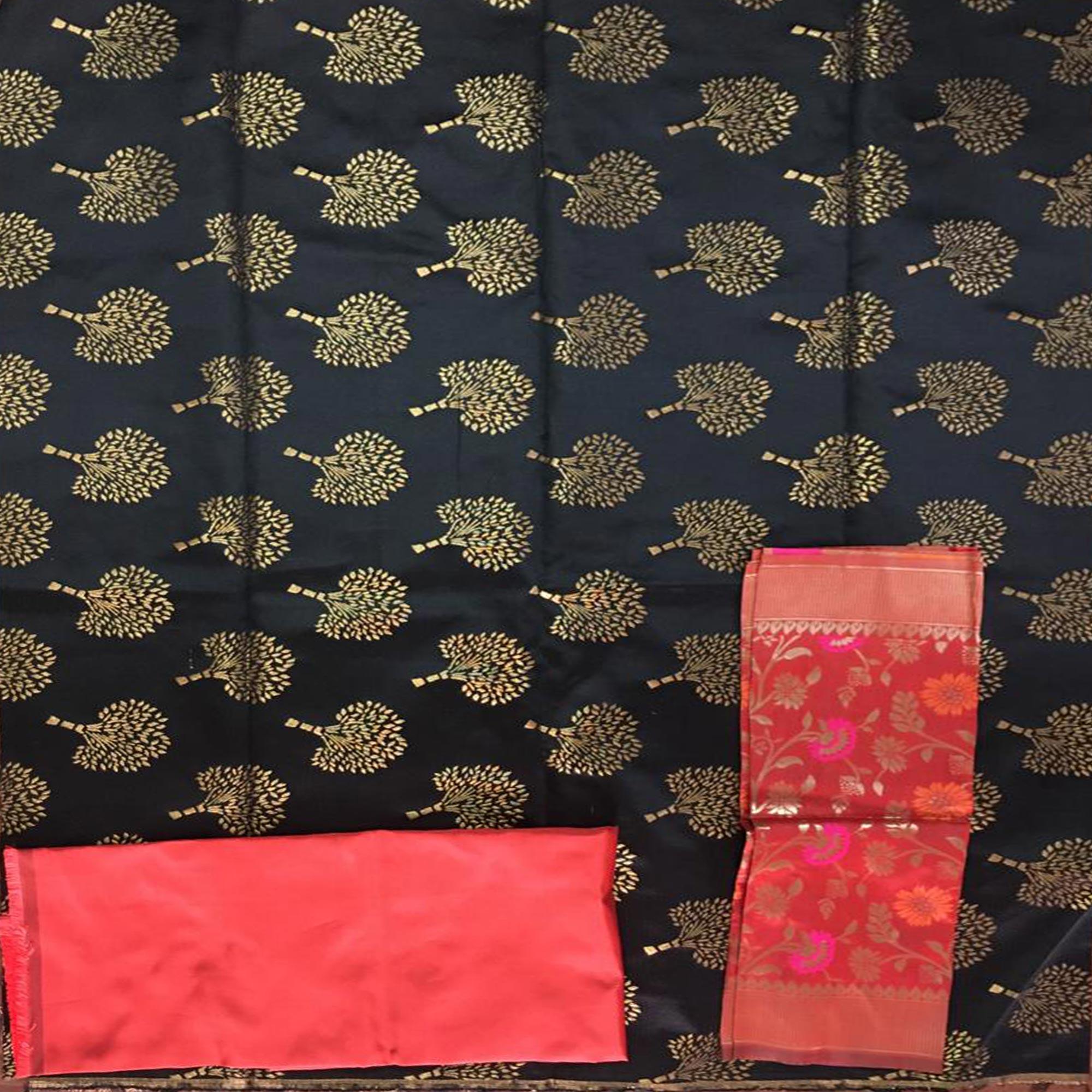 Black Festive Wear Embroidered Banarasi Silk Dress Material - Peachmode