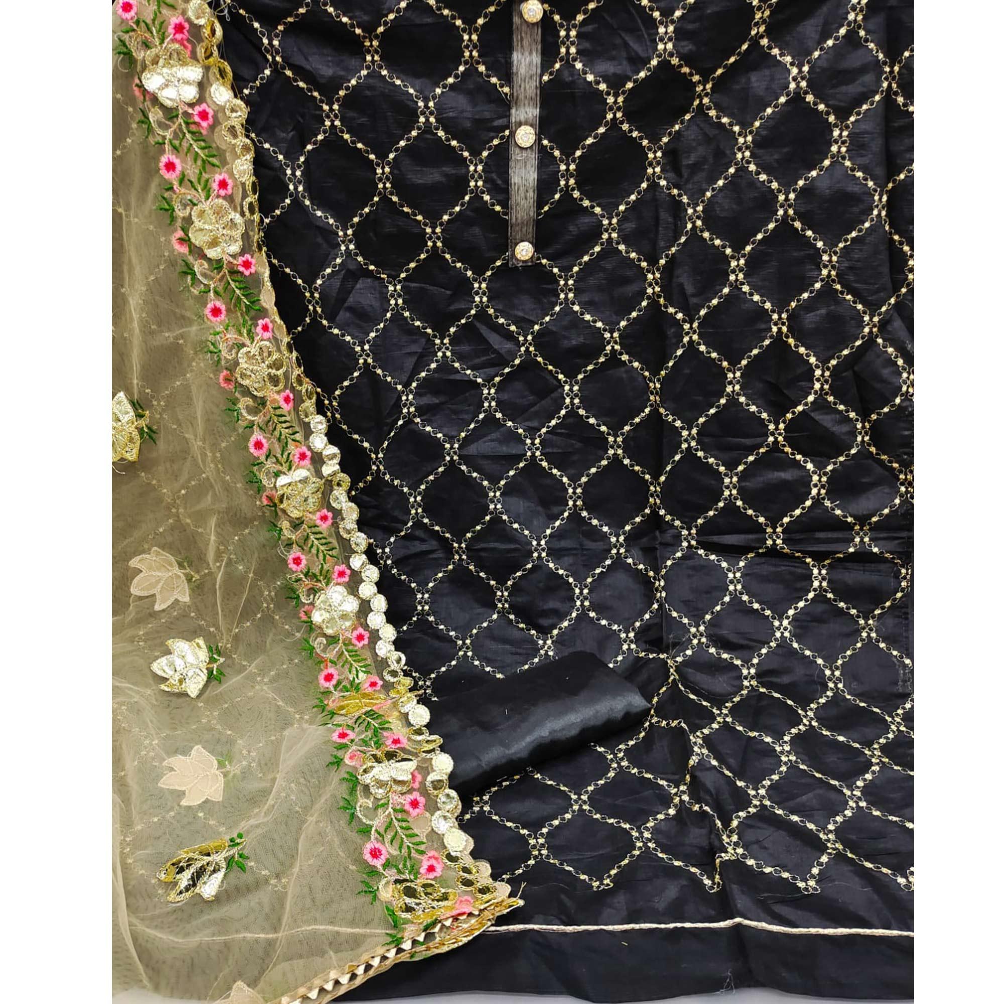 Black Festive Wear Embroidered Chanderi Dress Material - Peachmode