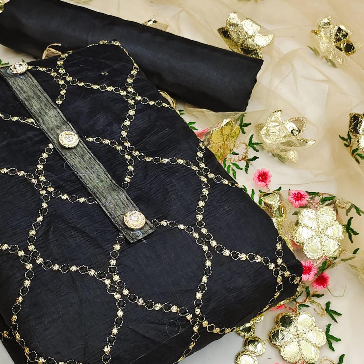 Black Festive Wear Embroidered Chanderi Dress Material - Peachmode