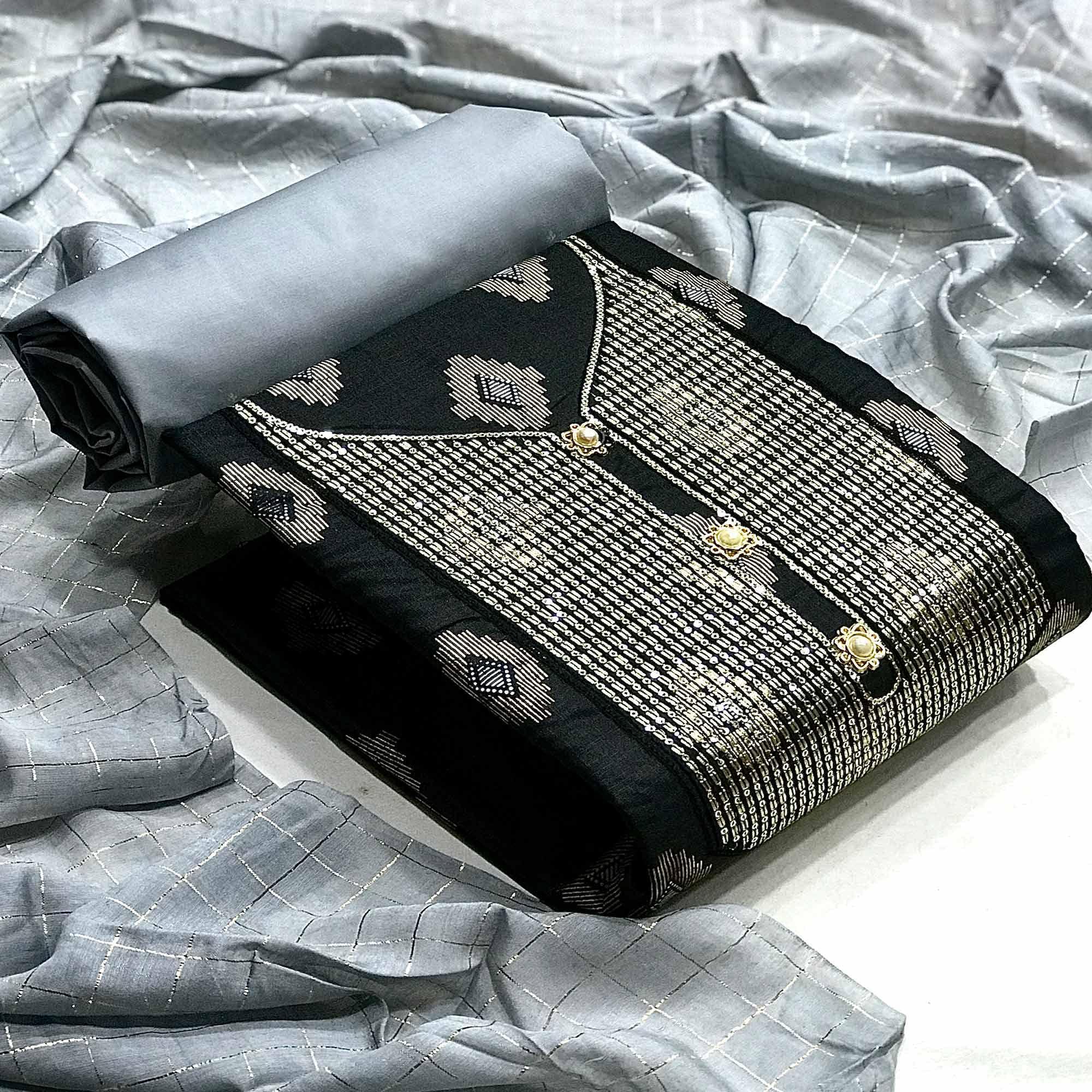 Black Festive Wear Embroidered Cotton Dress Material - Peachmode