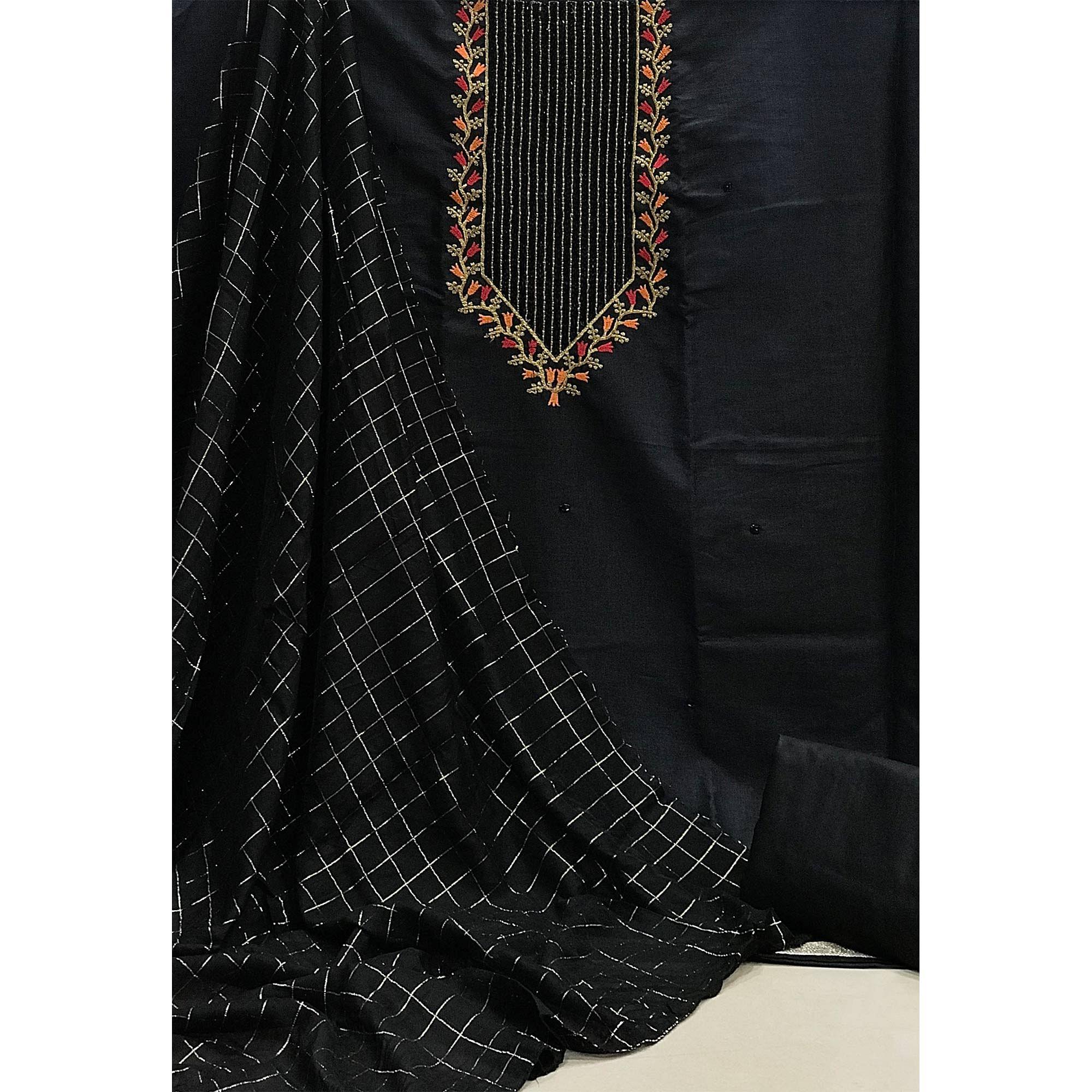 Black Festive Wear Embroidered Cotton Dress Material - Peachmode