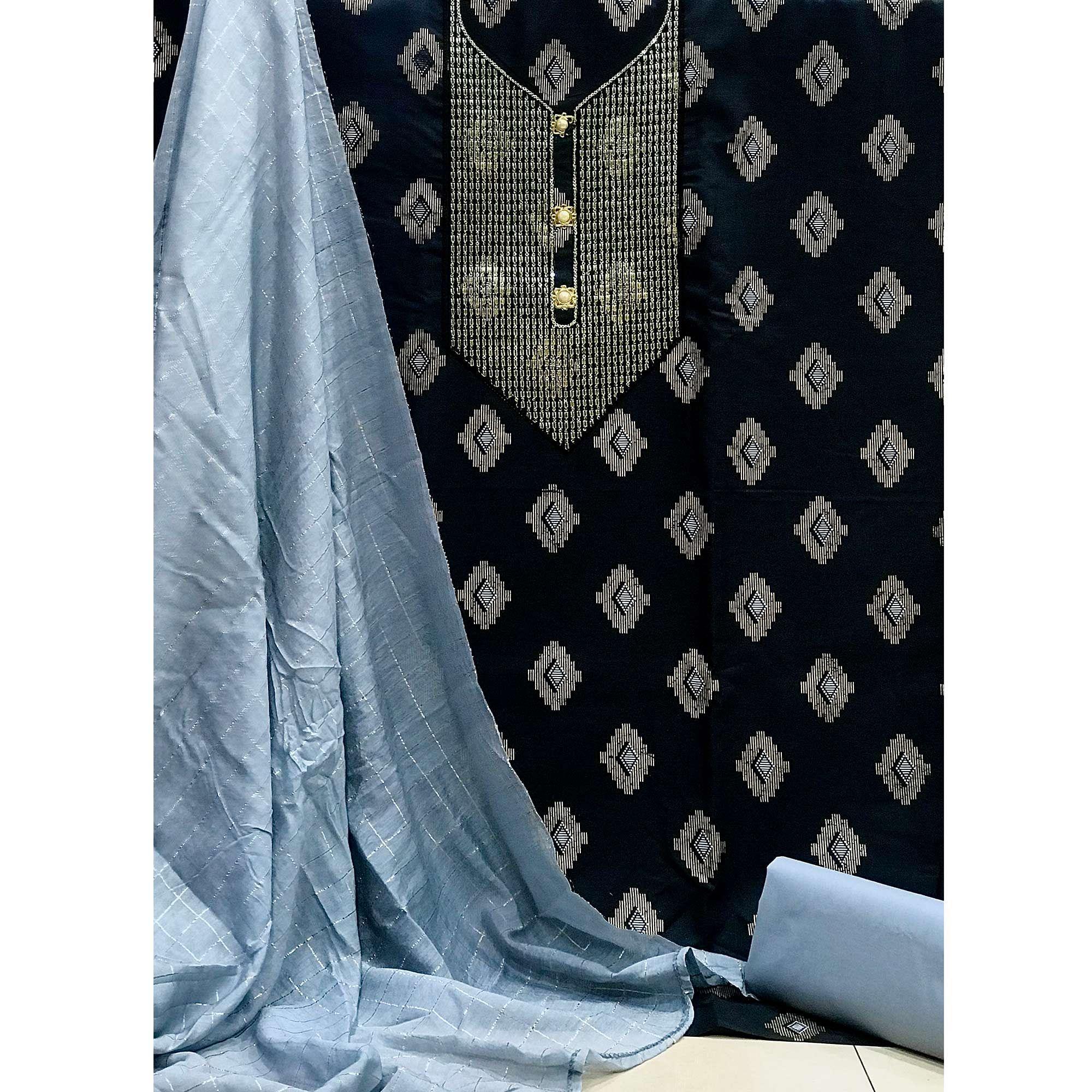 Black Festive Wear Embroidered Cotton Dress Material - Peachmode