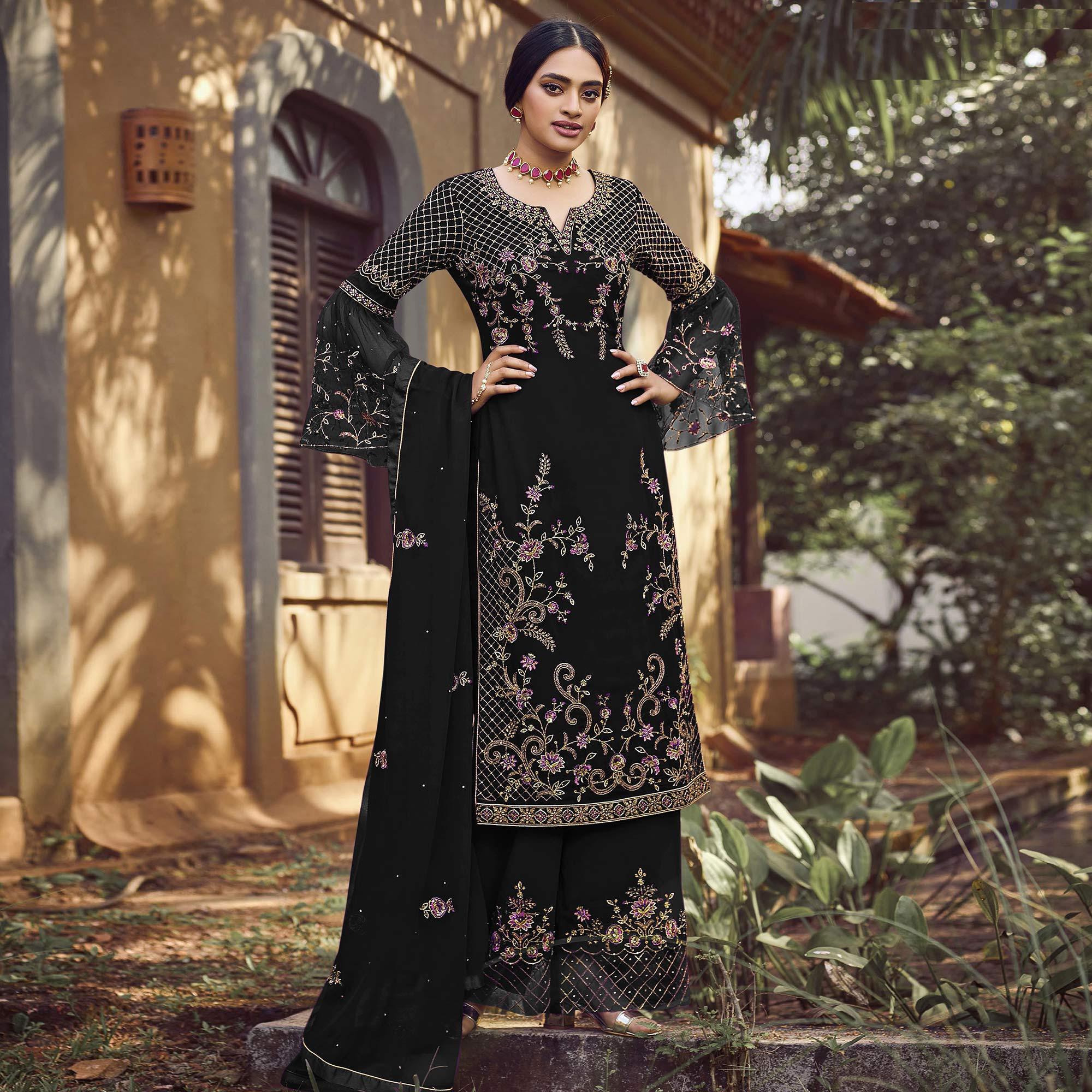 Black Festive Wear Embroidered Faux Georgette Straight Style Palazzo Suit - Peachmode