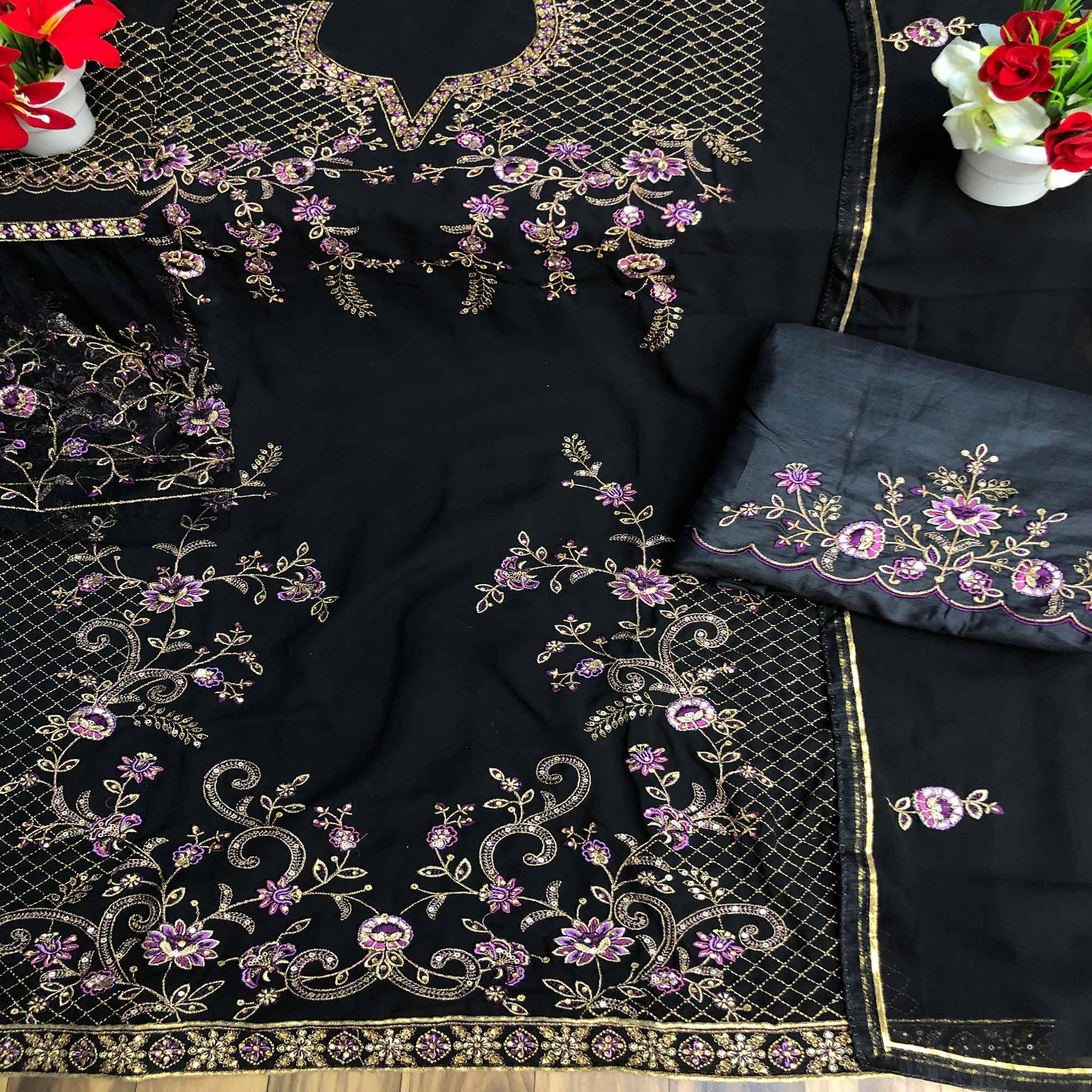 Black Festive Wear Embroidered Faux Georgette Straight Style Palazzo Suit - Peachmode