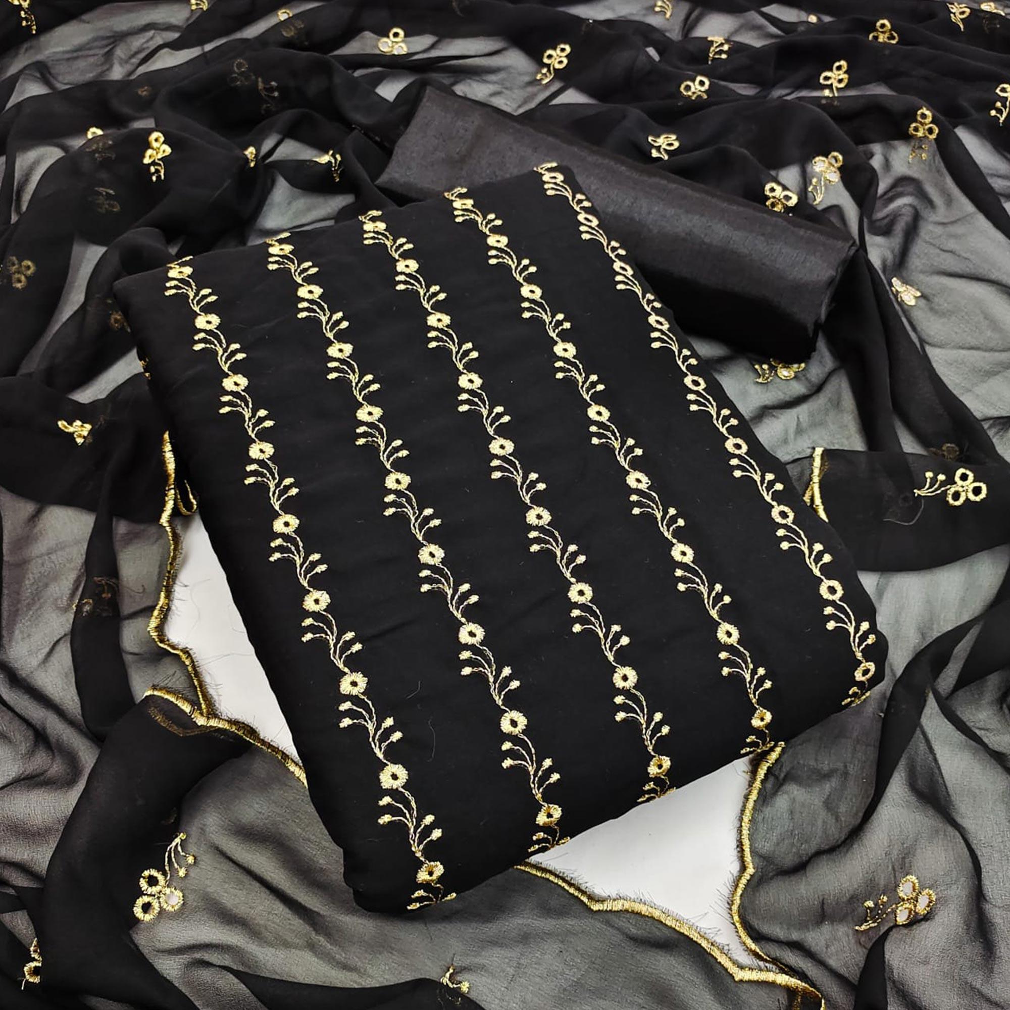 Black Festive Wear Embroidered Georgette Dress Material - Peachmode