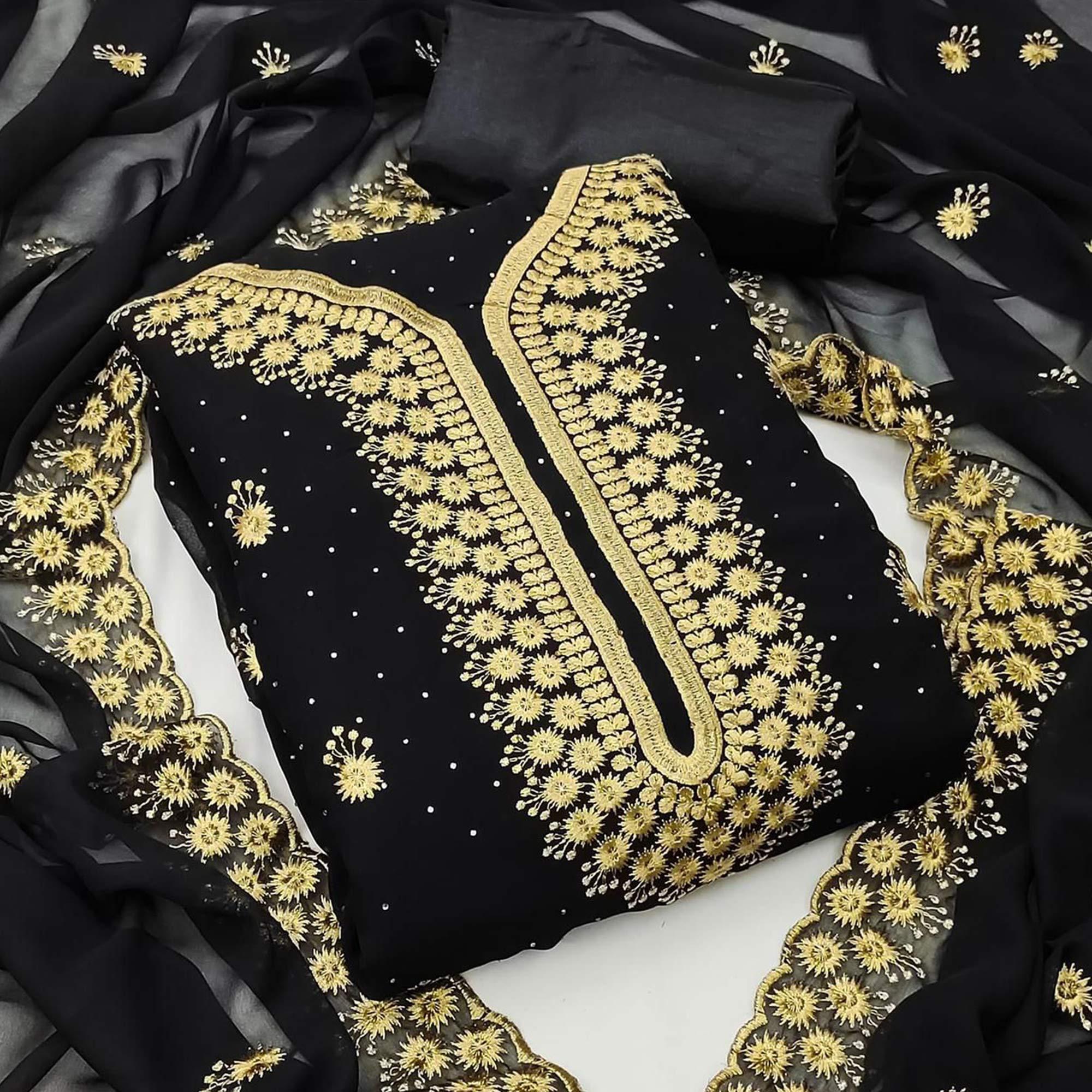 Black Festive Wear Embroidered Georgette Dress Material - Peachmode