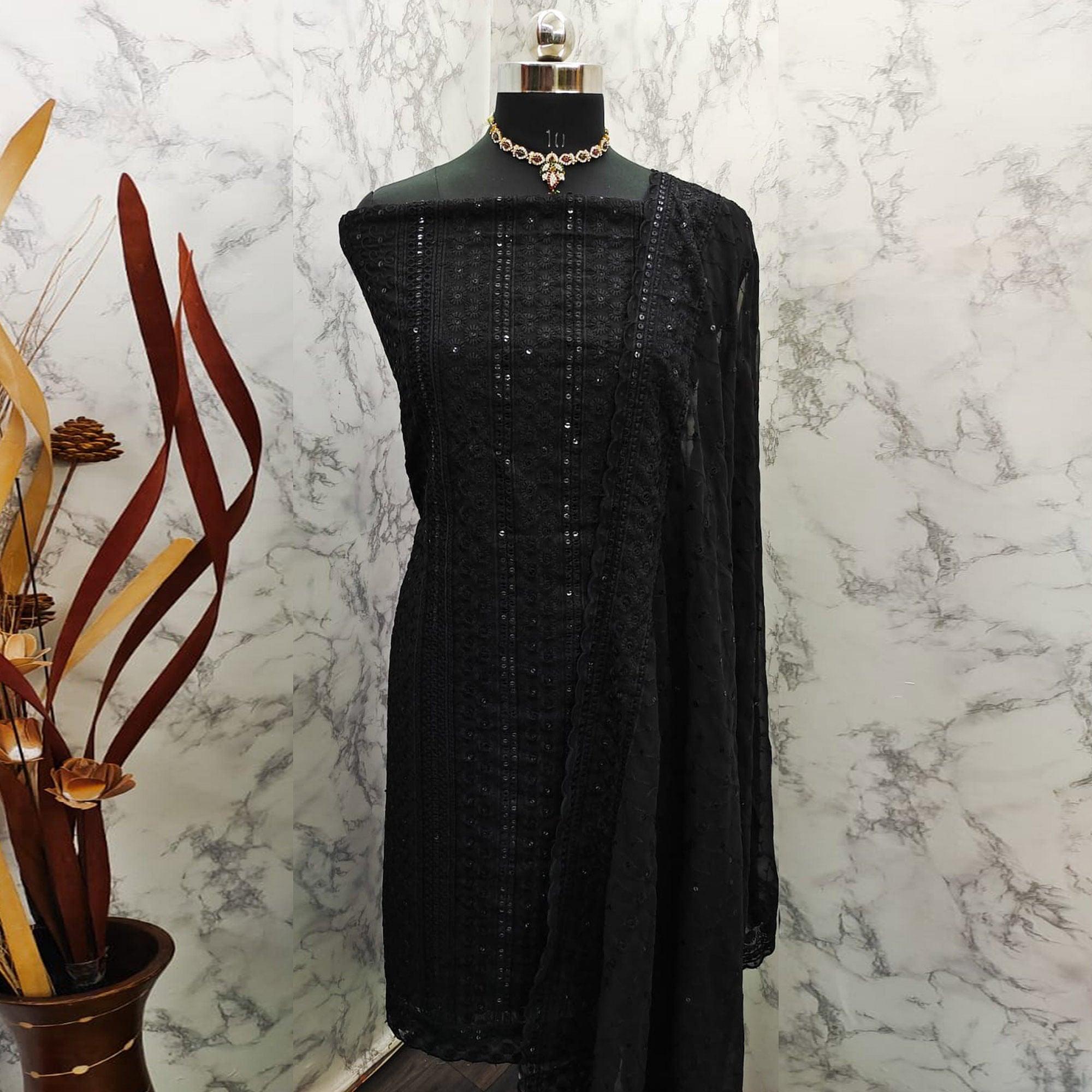 Black Festive Wear Embroidered Georgette Lucknowi Suit - Peachmode