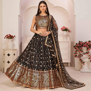 Black Festive Wear Embroidered Mono Net Lehenga Choli - Peachmode