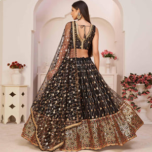 Black Festive Wear Embroidered Mono Net Lehenga Choli - Peachmode