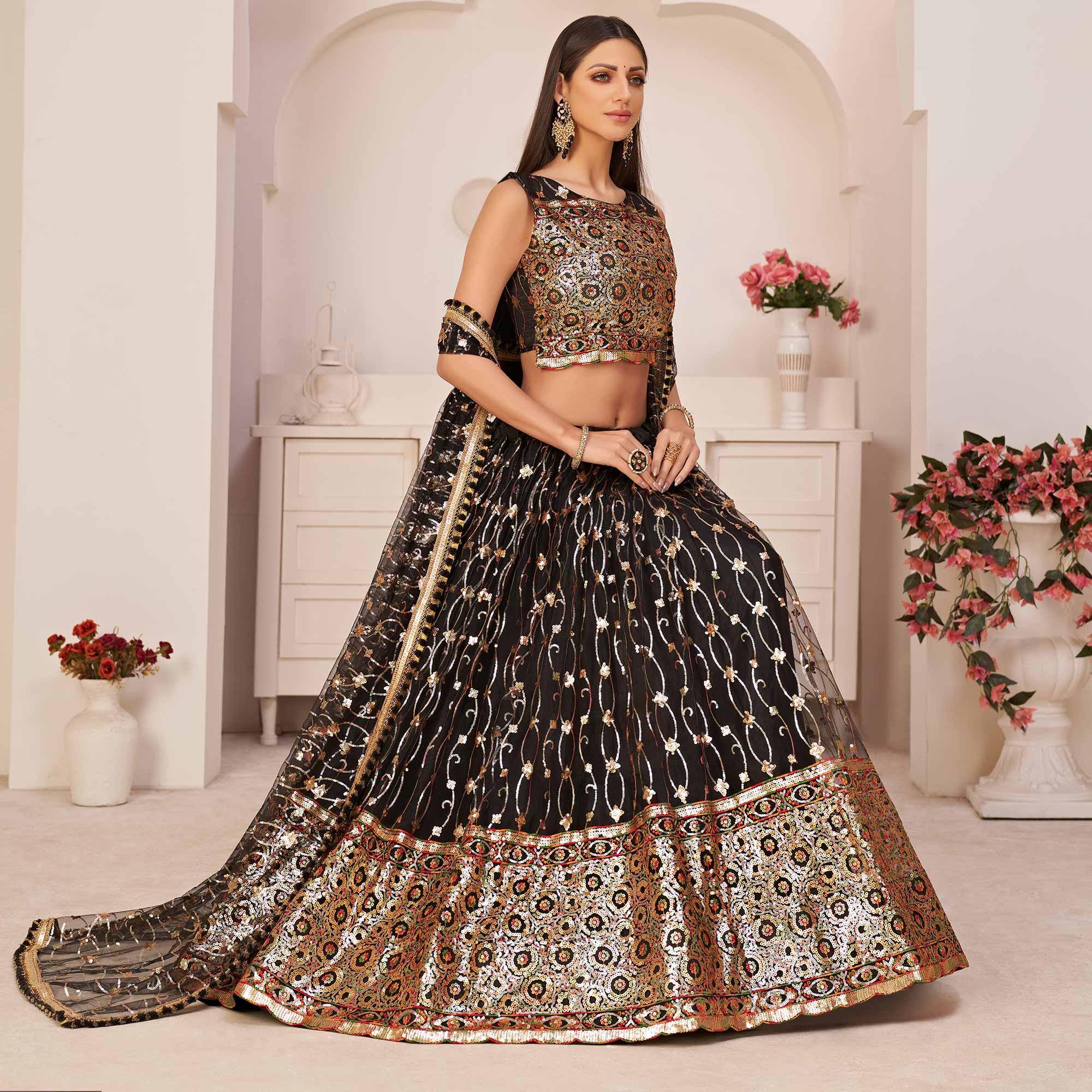 Black Festive Wear Embroidered Mono Net Lehenga Choli - Peachmode