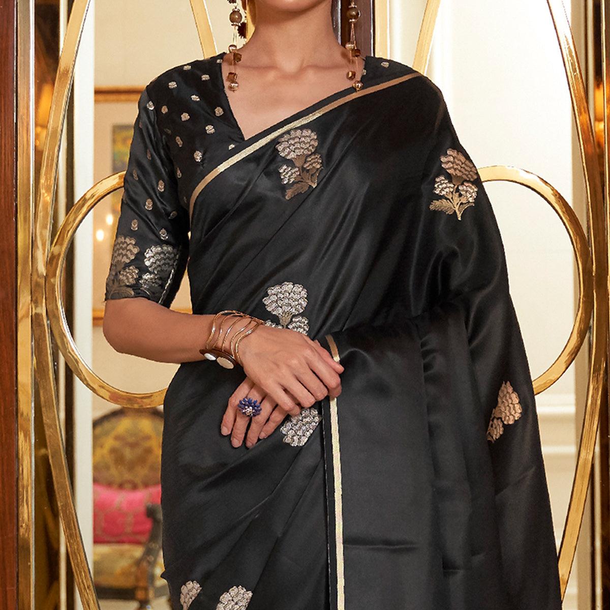 Black Festive Wear Floral Designer Woven Pure Satin Silk Saree - Peachmode
