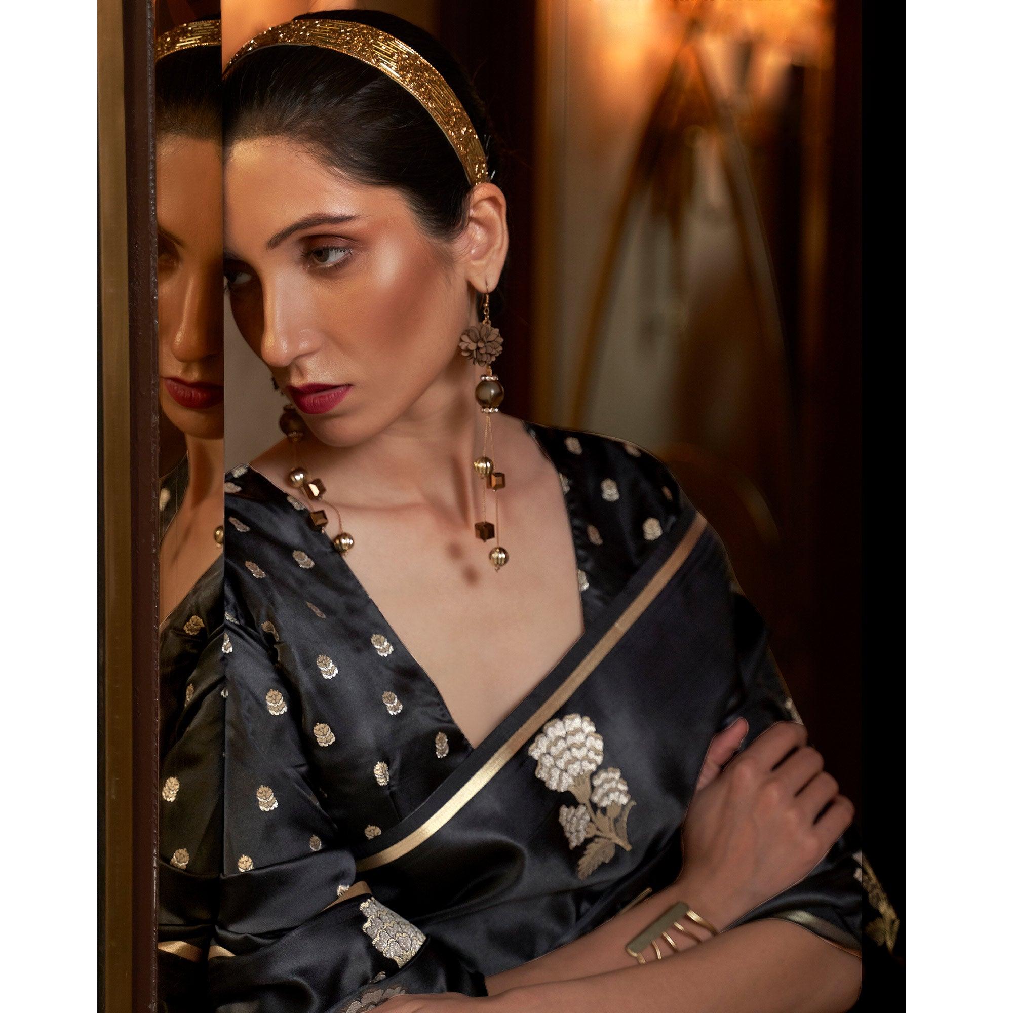 Black Festive Wear Floral Designer Woven Pure Satin Silk Saree - Peachmode