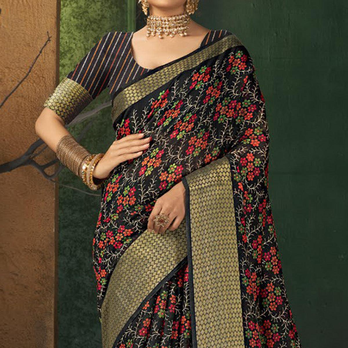 Black Festive Wear Floral Digital Printed Cotton Saree - Peachmode