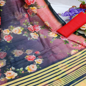 Black Festive Wear Floral Digital Printed With Woven Zari Border Cotton Saree - Peachmode