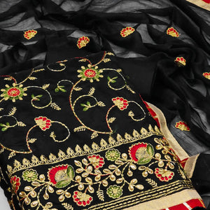 Black Festive Wear Floral Embroidered Chanderi Dress Material - Peachmode
