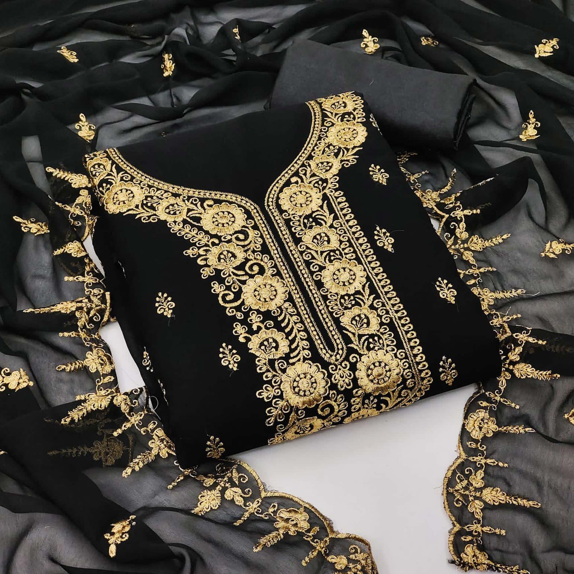 Black Festive Wear Floral Embroidered Georgette Dress Material - Peachmode