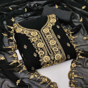 Black Festive Wear Floral Embroidered Georgette Dress Material - Peachmode