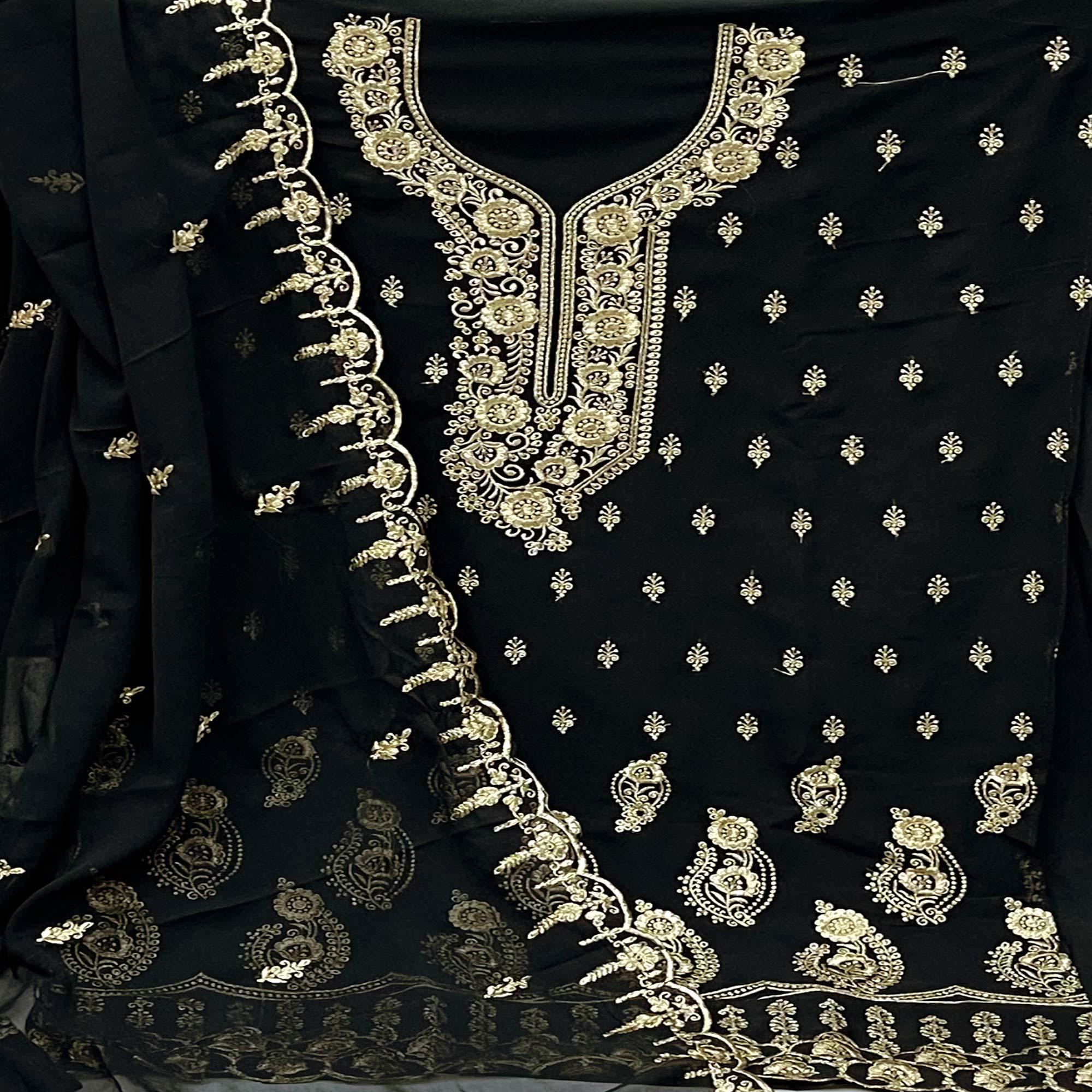 Black Festive Wear Floral Embroidered Georgette Dress Material - Peachmode