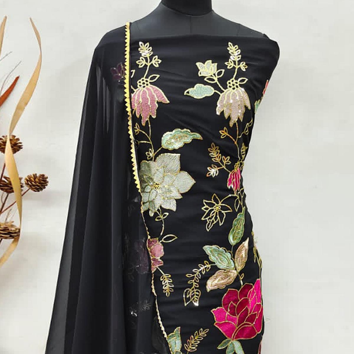 Black Festive Wear Floral Embroidered Georgette Sharara Suit - Peachmode