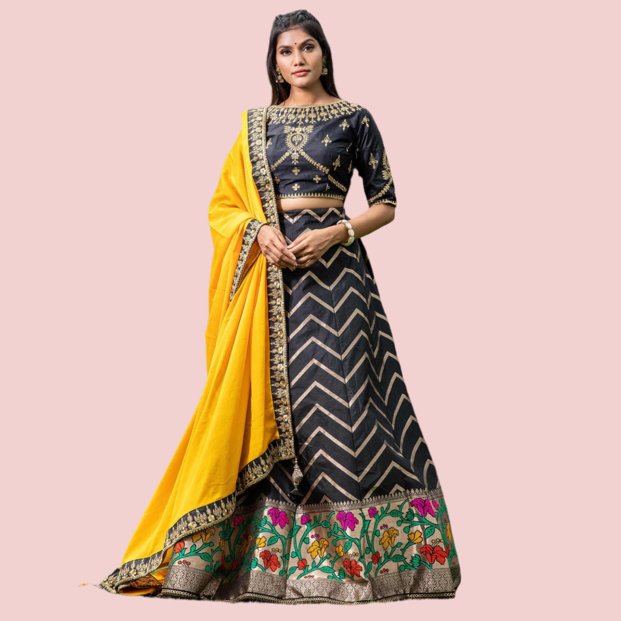 Black Festive Wear Floral Embroidery With Woven Silk Lehenga Choli - Peachmode