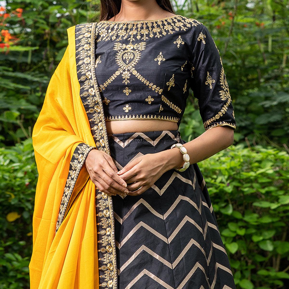 Black Festive Wear Floral Embroidery With Woven Silk Lehenga Choli - Peachmode