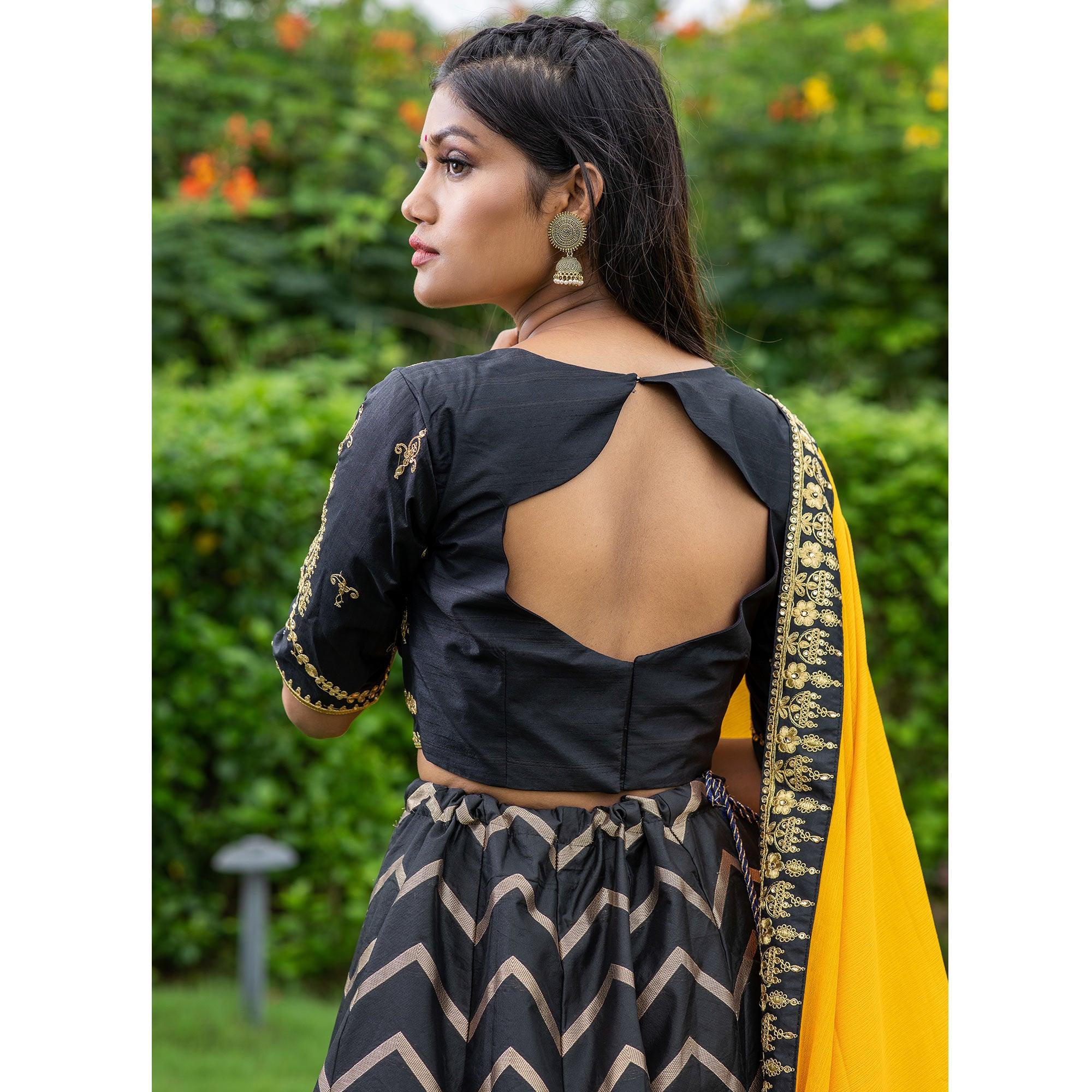 Black Festive Wear Floral Embroidery With Woven Silk Lehenga Choli - Peachmode
