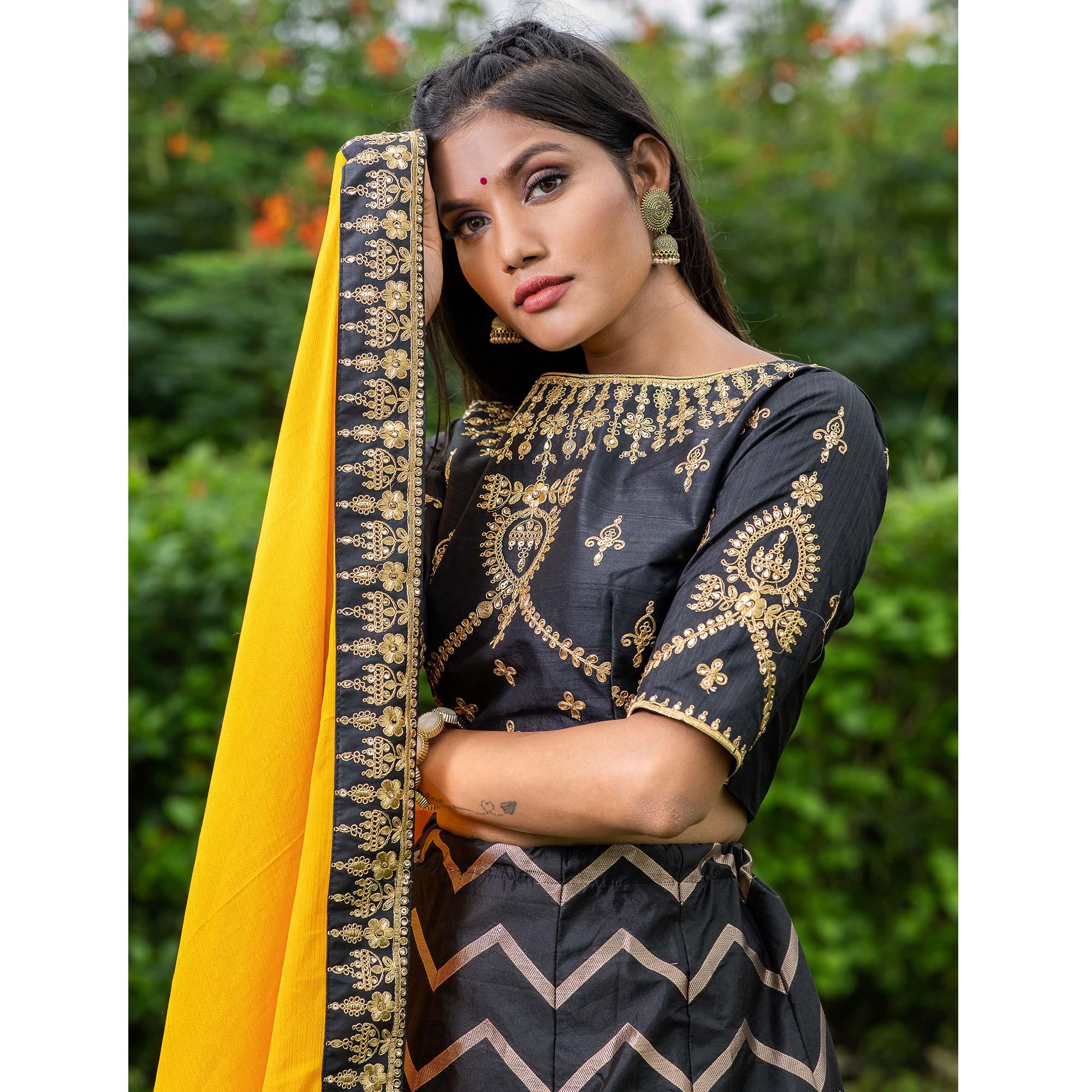 Black Festive Wear Floral Embroidery With Woven Silk Lehenga Choli - Peachmode