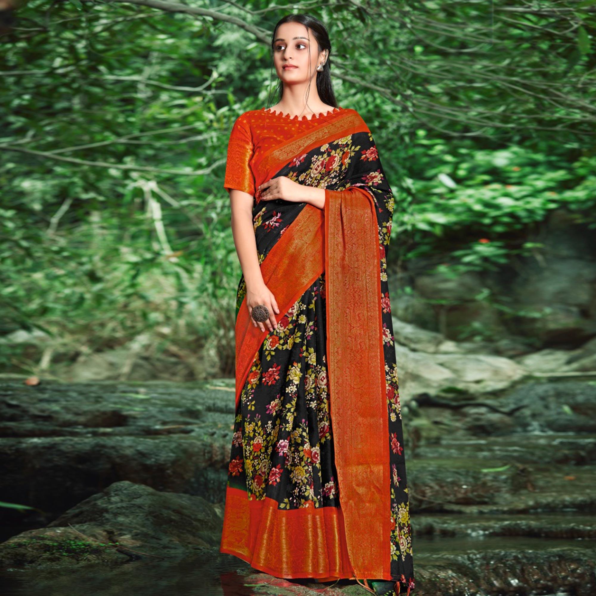 Black Festive Wear Floral Printed Linen Saree With Jacquard Border - Peachmode