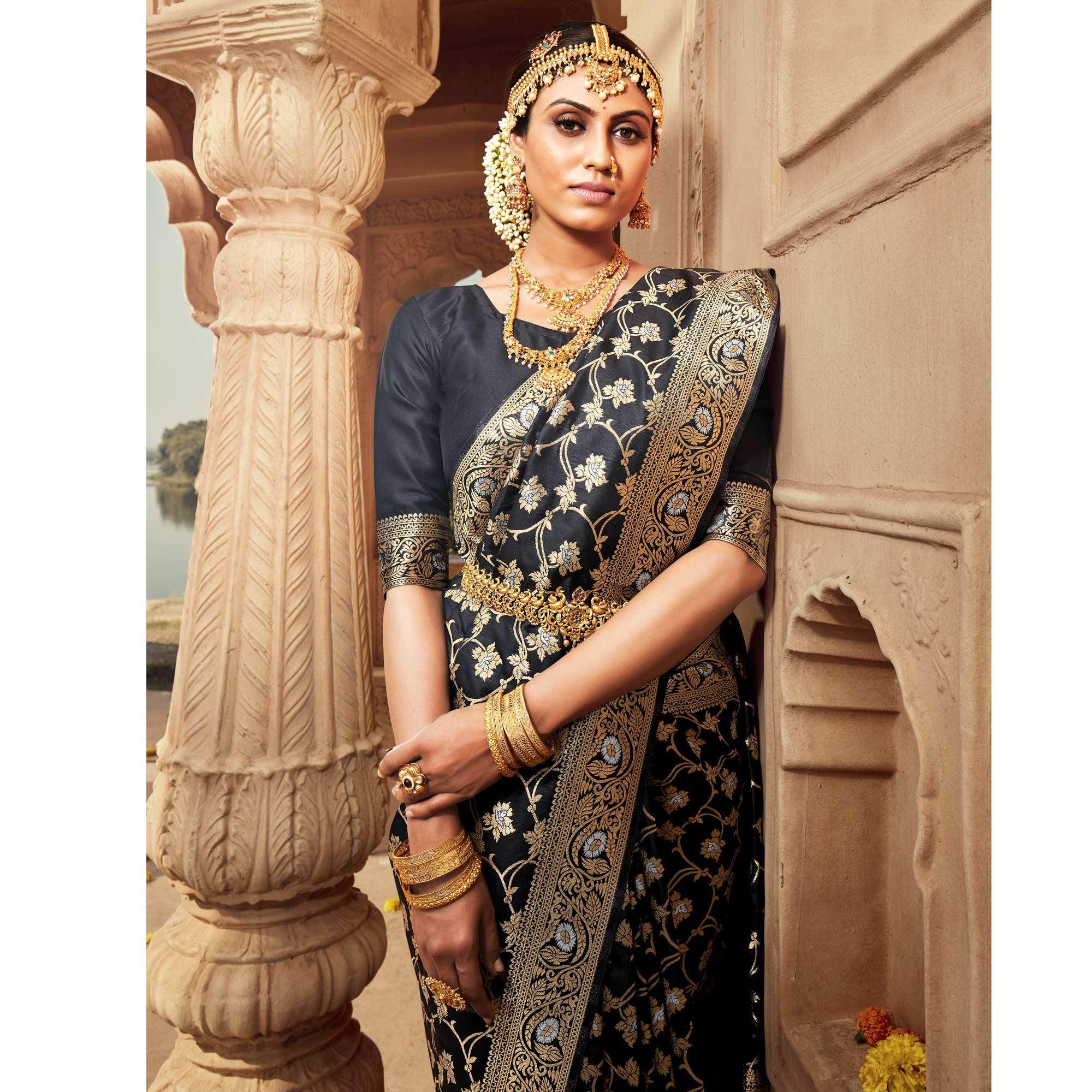 Black Festive Wear Floral Woven Banarasi Silk Saree - Peachmode