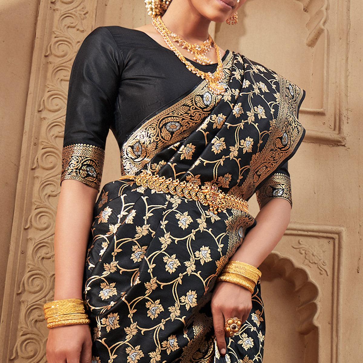 Black Festive Wear Floral Woven Banarasi Silk Saree - Peachmode