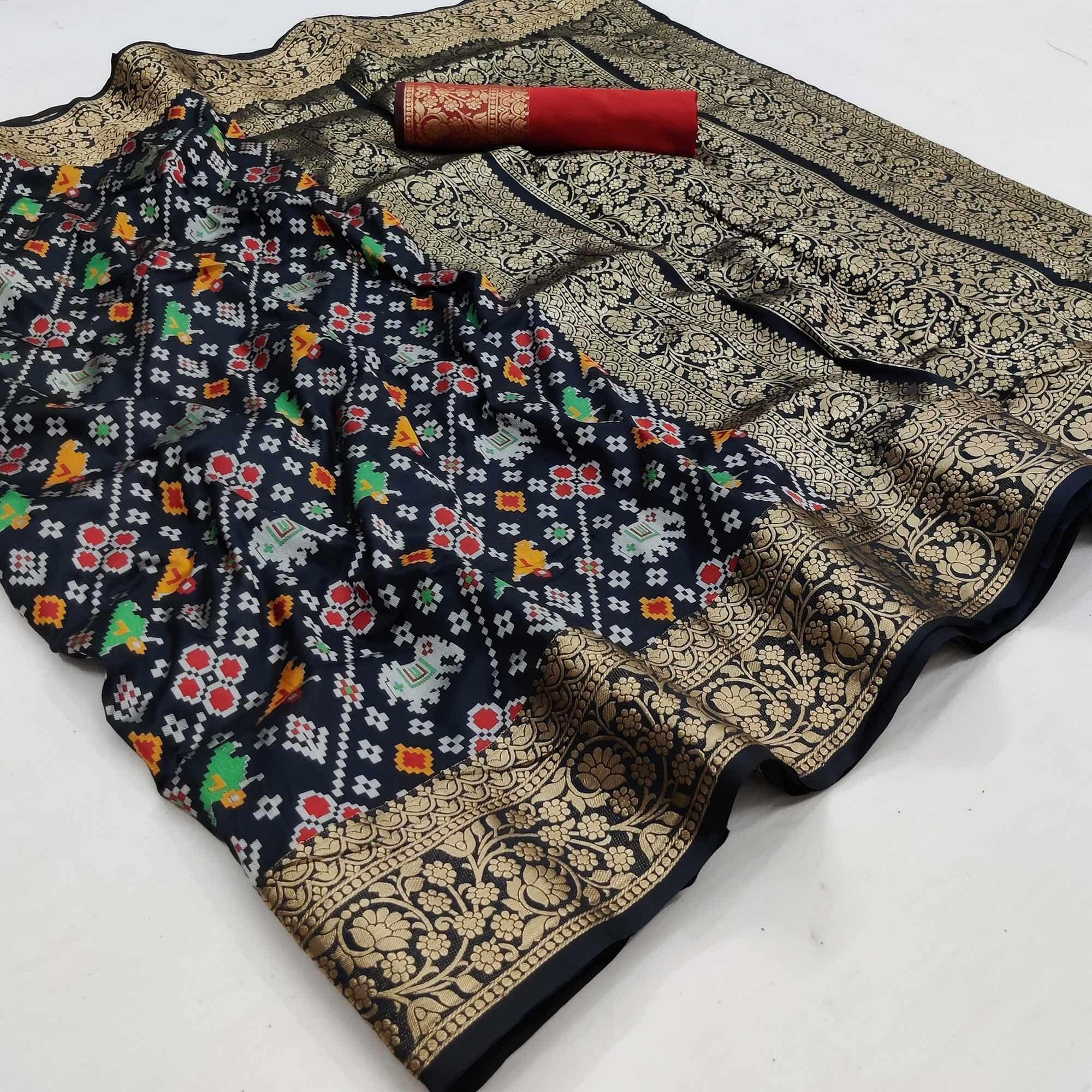 Black Festive Wear Patola Printed Art Silk Saree - Peachmode