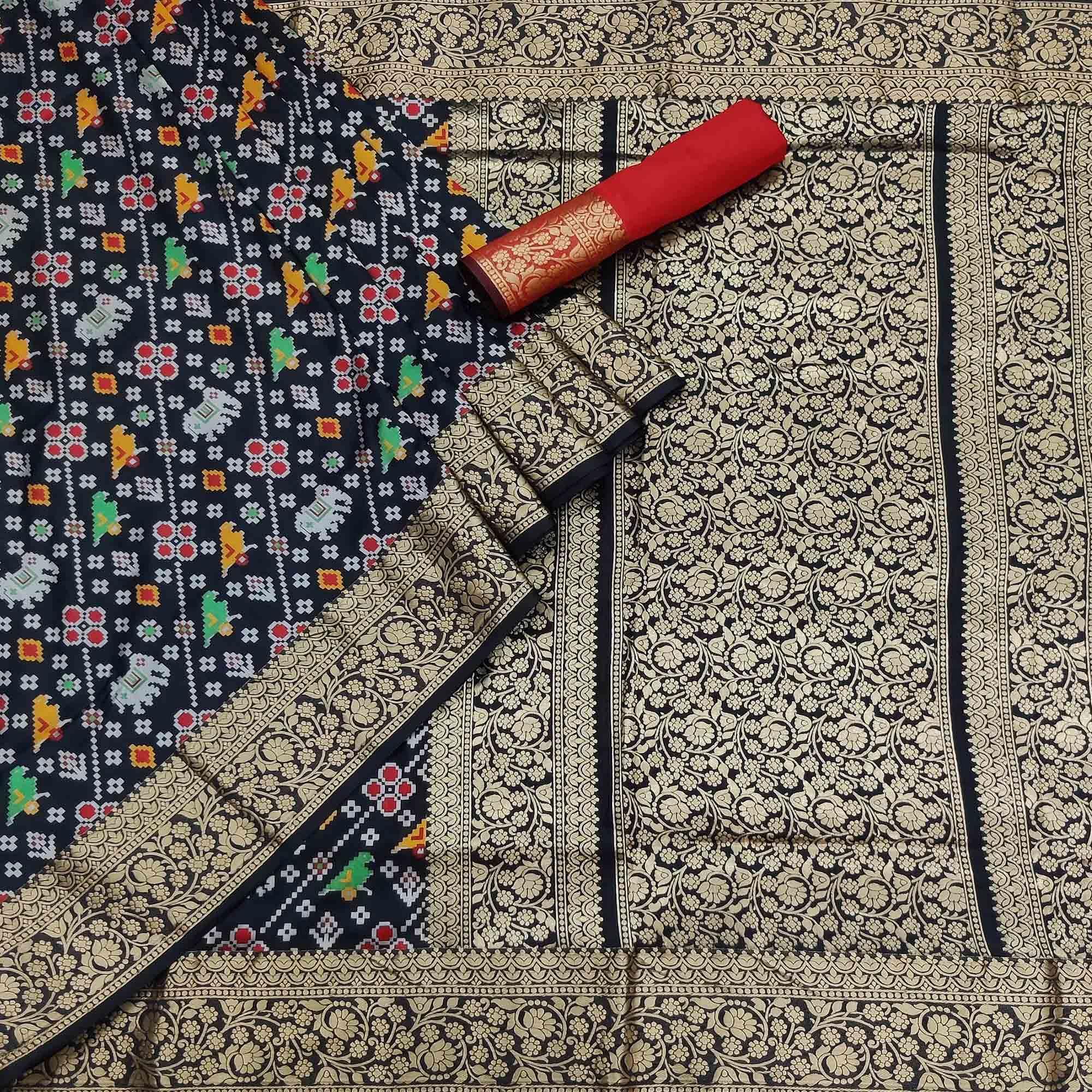 Black Festive Wear Patola Printed Art Silk Saree - Peachmode